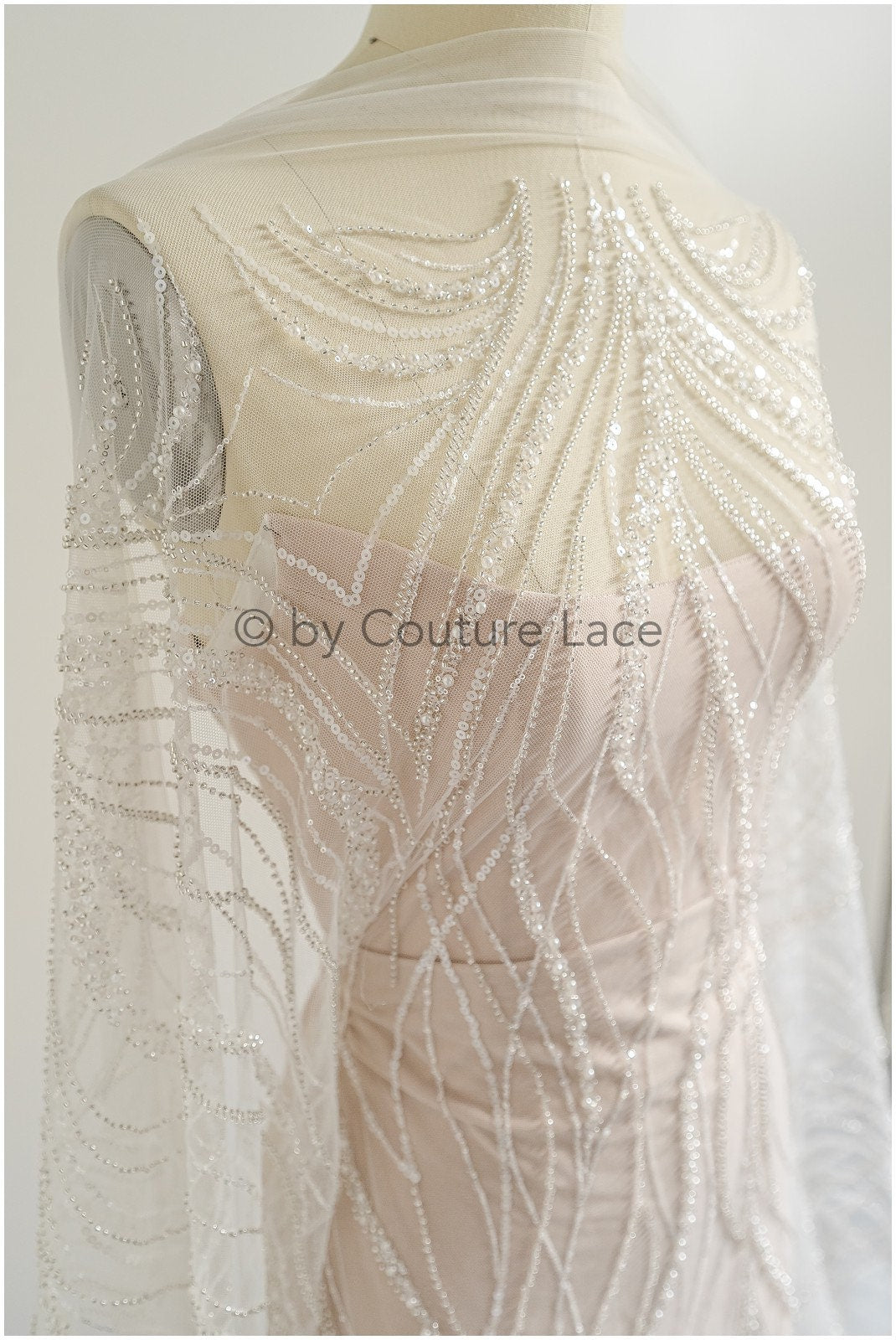 Glitter pearl lace fabric with lines/ Couture lace fabric with pearls/ Couture bridal lace fabric/ Pearl lace// L22-501