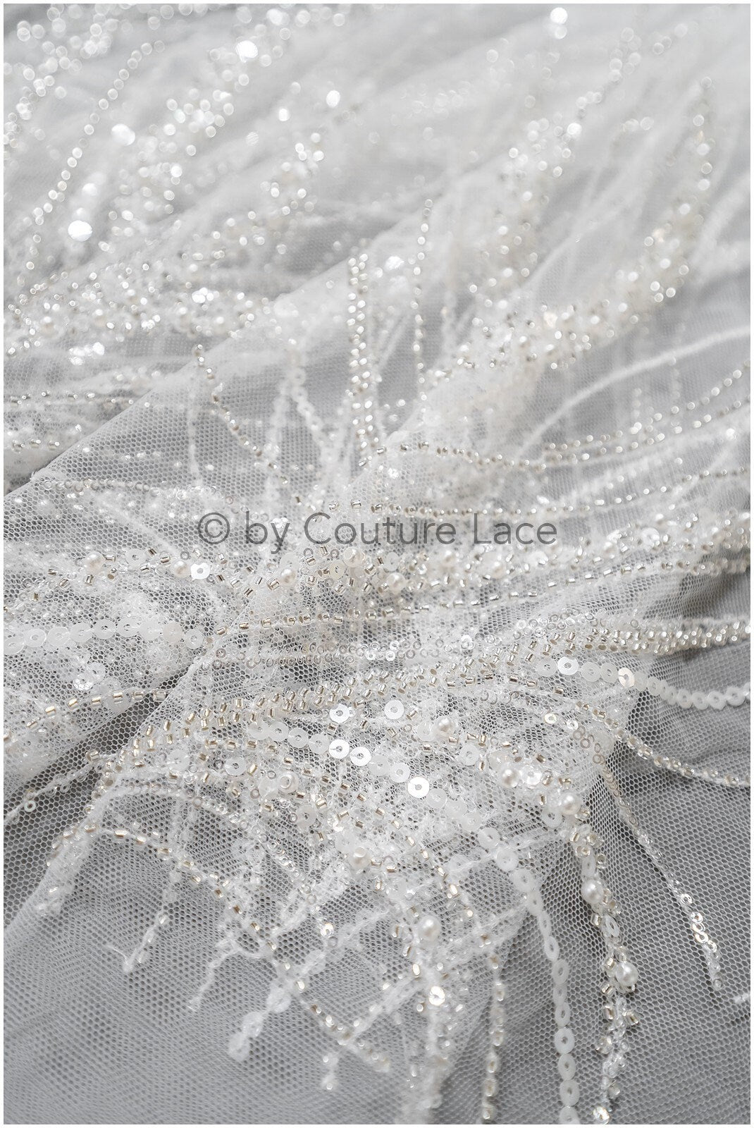 Glitter pearl lace fabric with lines/ Couture lace fabric with pearls/ Couture bridal lace fabric/ Pearl lace// L22-501