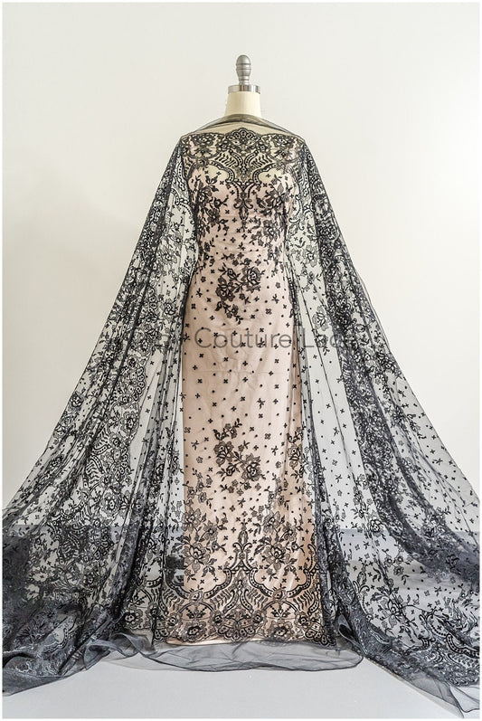 Abendkleid Spitze Stoff/ schwarze Spitze/ florale Abendkleider Spitze/ schwarze Couture Spitze// L22-240BLK