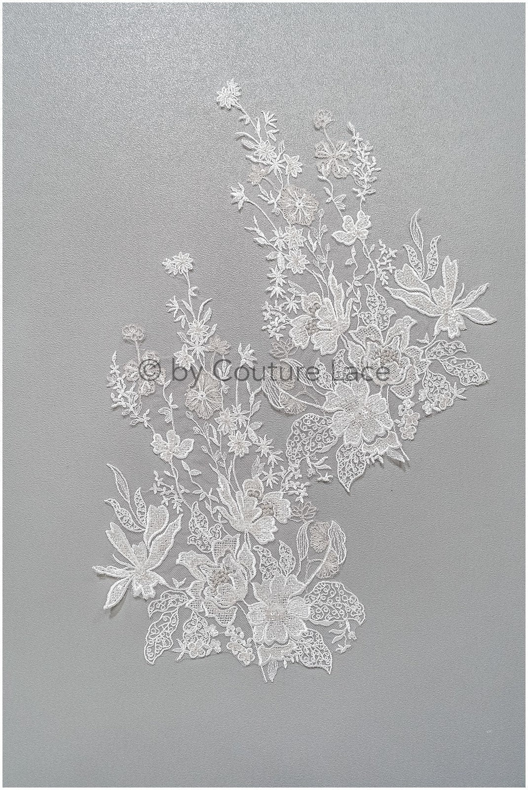 romantischer Wildblumen-Aufnäher/ Silberweiße Blumen Applikation/ Brautkleid Spitze Applikation/ Brautblumen Applikation// A23-315
