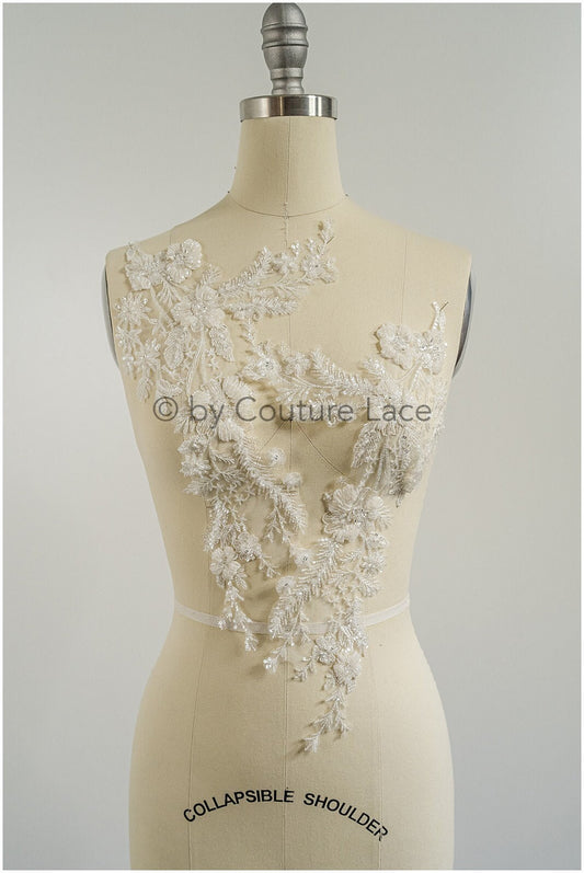 Applique de fleur perlée de perle/ Patch nuptial de perle/ Applique de dentelle de robe de mariée/ Applique de feuille de mariée/ A23-332