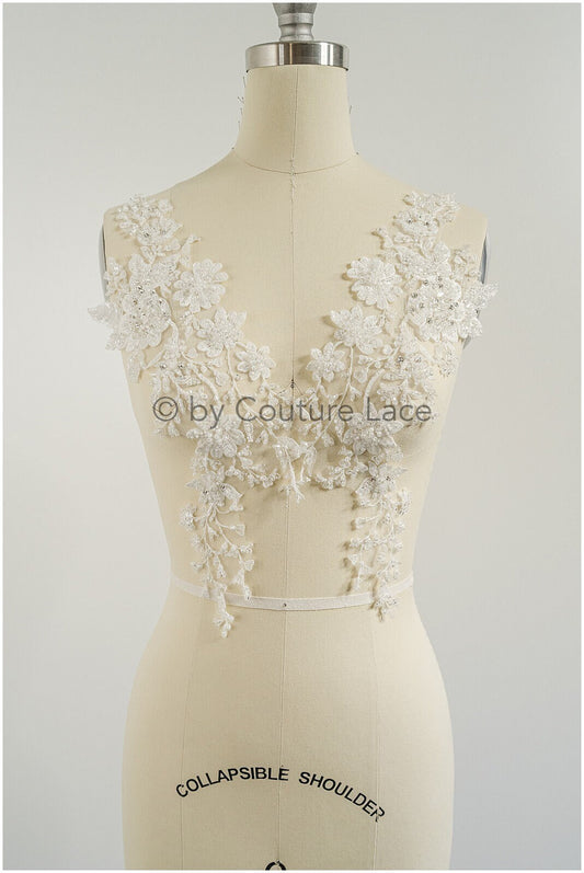 Applique de fleur perlée de perle/ Patch nuptial de perle/ Applique de dentelle de robe de mariée/ Applique de feuille de mariée/ A23-326