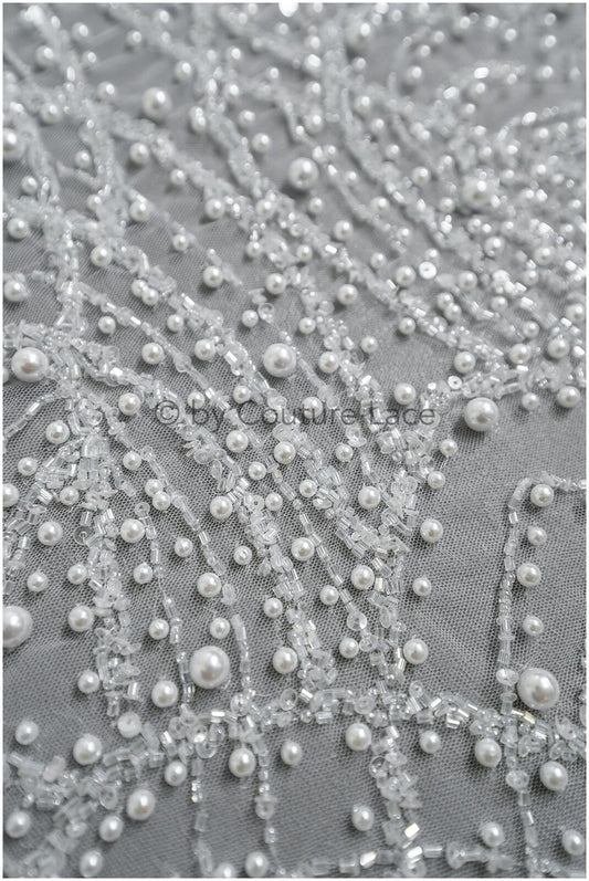 Heavy Beaded Lace Fabric Off-White/ Couture Lace Fabric with Pearls & Beads/ Geometric Lace/ Beaded Lace // L23-527