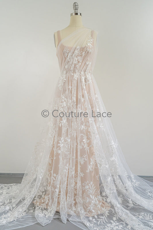 Encaje de novia con flores Off-White / Tejido de encaje para novia / Encaje de boda con flores / Encaje de alta costura // L23-028B