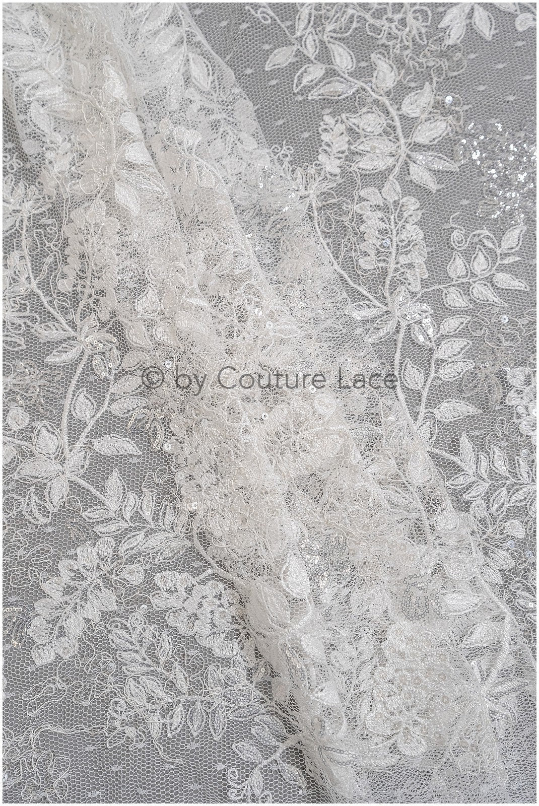 French lace fabric with floral pattern/ couture lace fabric with sequins/ delicate romantic bridal lace/ bridal lace// L23-087