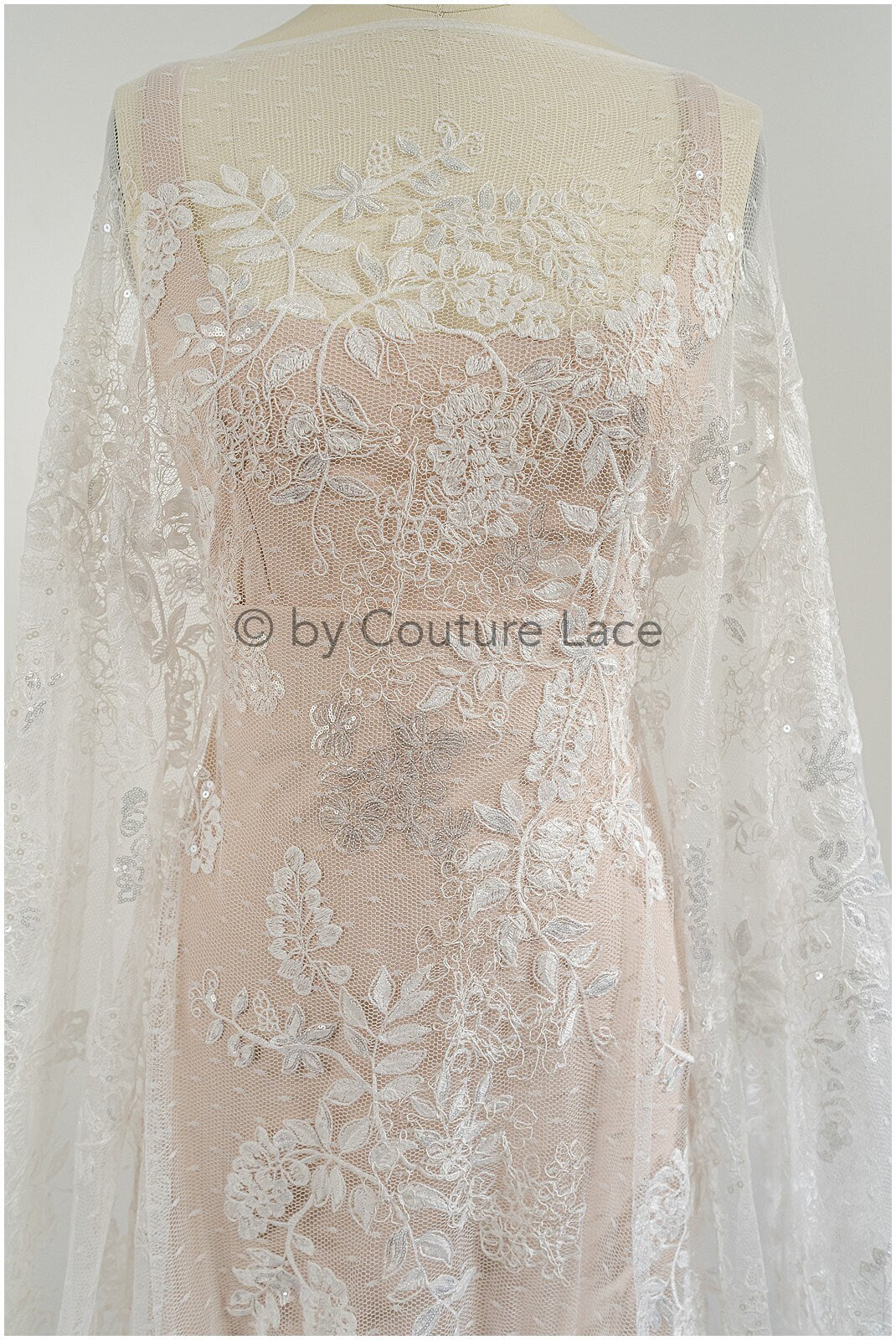 French lace fabric with floral pattern/ couture lace fabric with sequins/ delicate romantic bridal lace/ bridal lace// L23-087