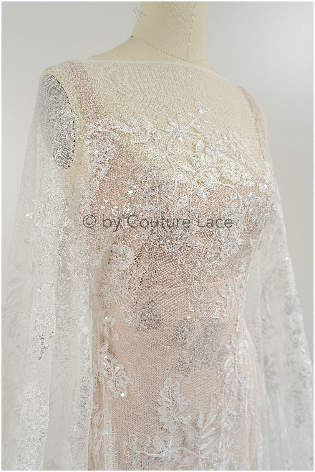 French lace fabric with floral pattern/ couture lace fabric with sequins/ delicate romantic bridal lace/ bridal lace// L23-087