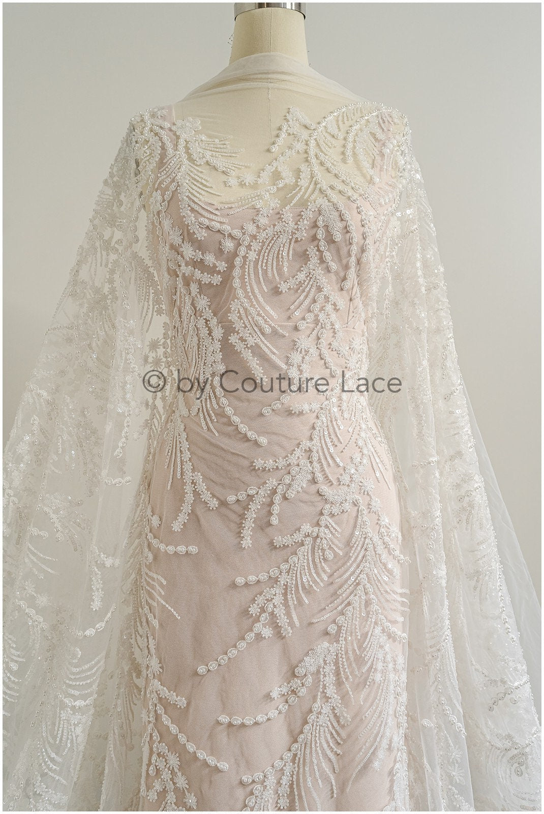 Perlen Spitzenstoff Off-White/ Perlen Brautkleid Spitze/ Couture Spitze Stoff/ Perlen Spitze// L23-508