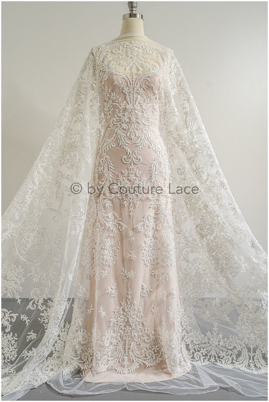 Perlen Spitzenstoff Off-White/ Perlen Brautkleid Spitze mit Perlen/ Couture Spitzenstoff/ Perlen Spitze// L23-514