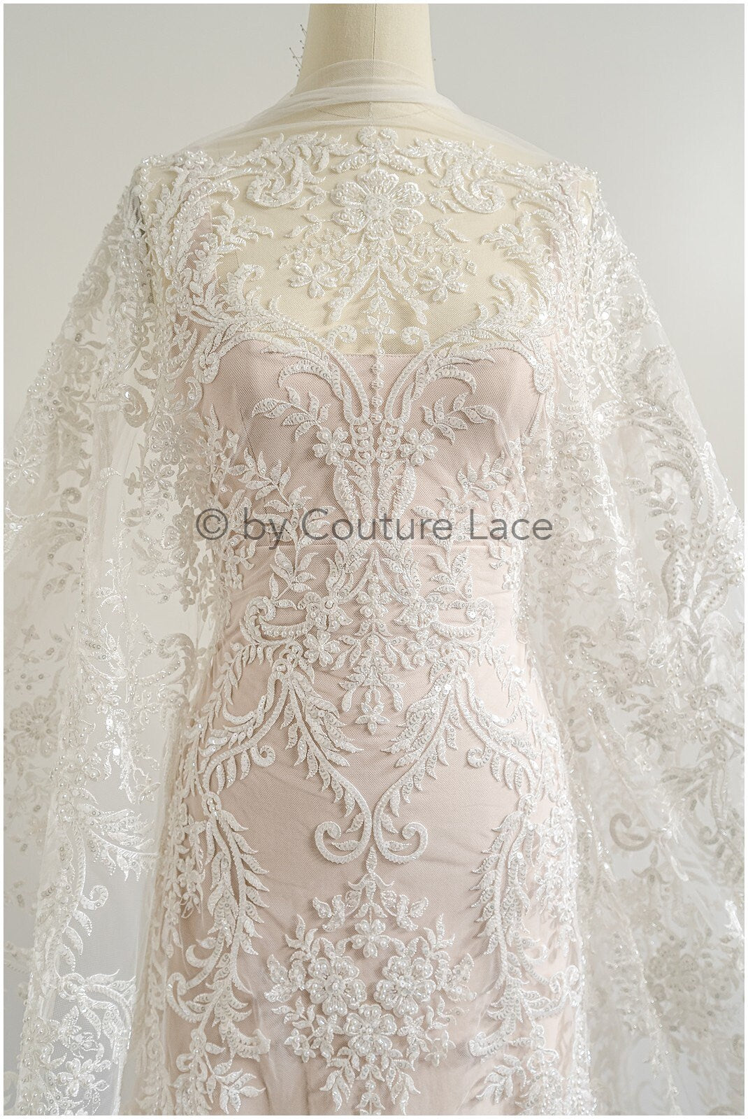 Perlen Spitzenstoff Off-White/ Perlen Brautkleid Spitze mit Perlen/ Couture Spitzenstoff/ Perlen Spitze// L23-514