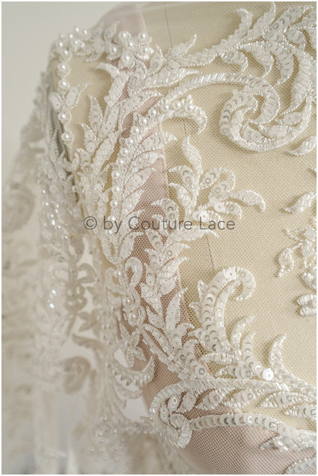 Perlen Spitzenstoff Off-White/ Perlen Brautkleid Spitze mit Perlen/ Couture Spitzenstoff/ Perlen Spitze// L23-514