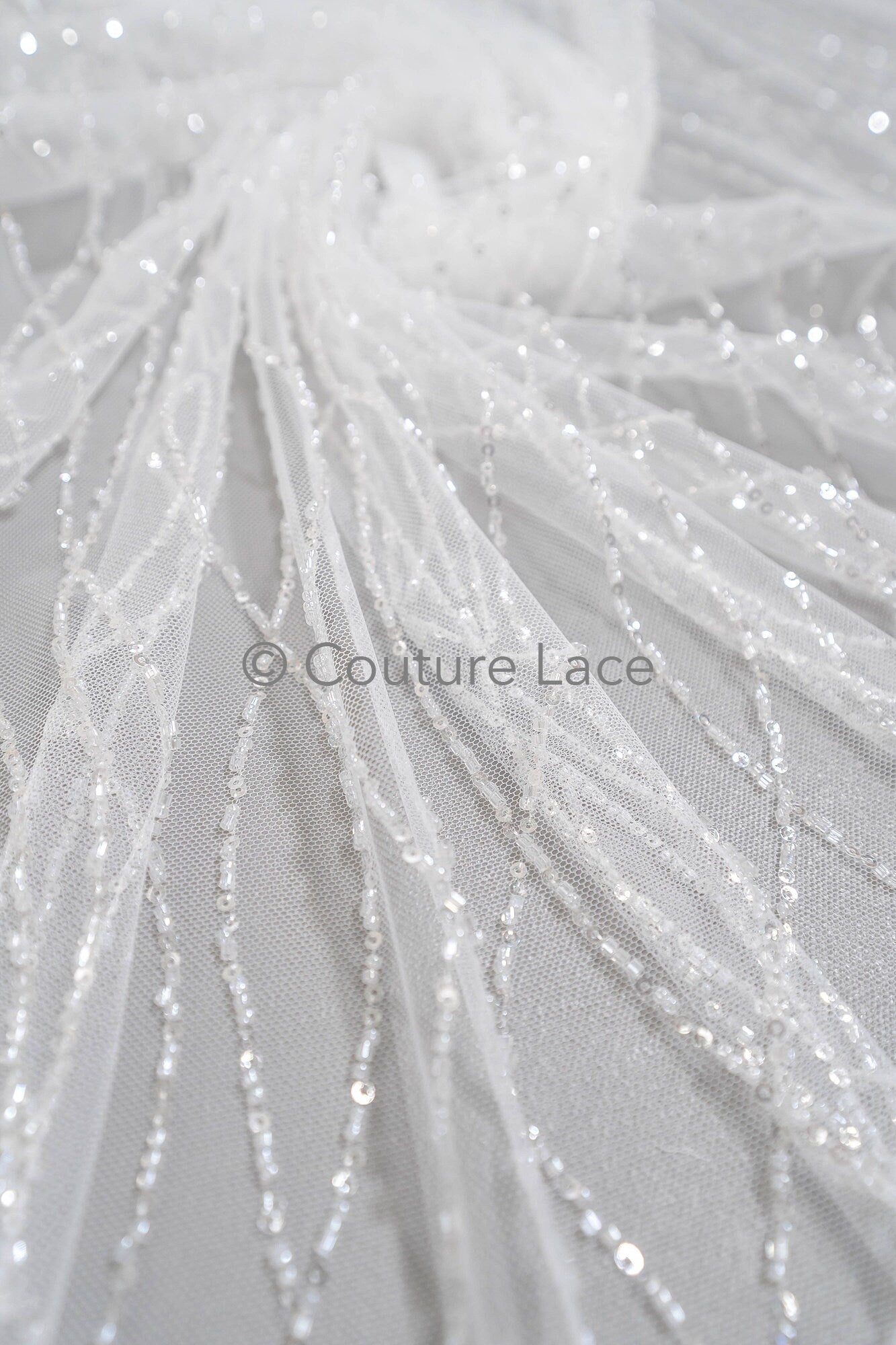 Pearl lace fabric off-white/ wavy lace fabric with pearls & sequins/ bridal lace fabric/ L23-542