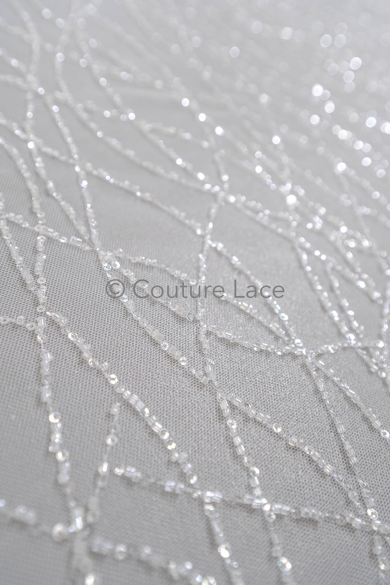 Pearl lace fabric off-white/ wavy lace fabric with pearls & sequins/ bridal lace fabric/ L23-542