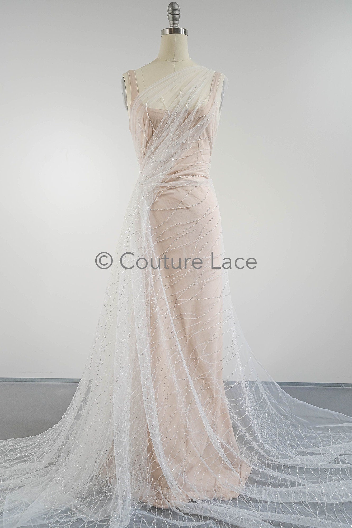 Pearl lace fabric off-white/ wavy lace fabric with pearls & sequins/ bridal lace fabric/ L23-542