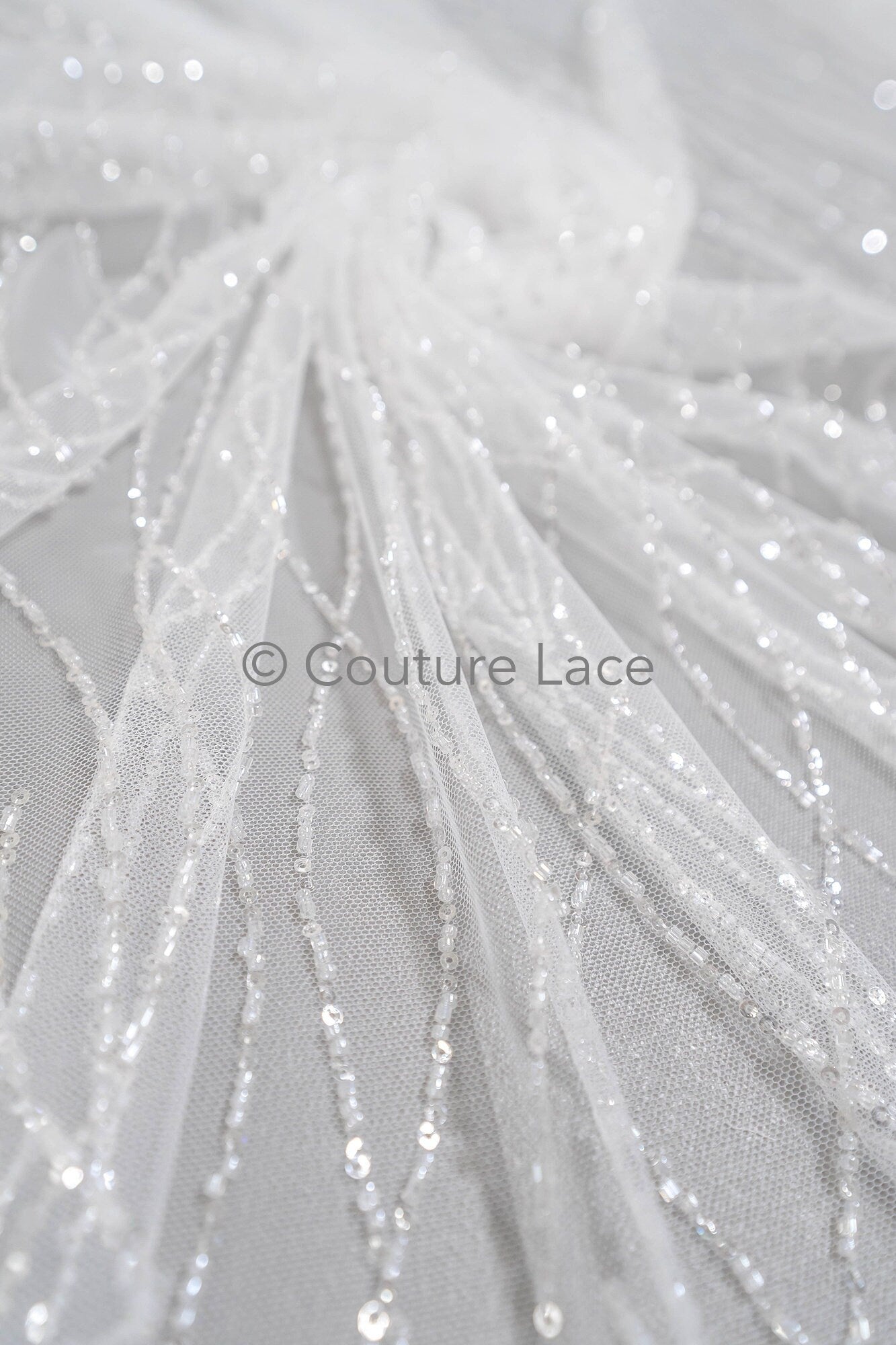 Pearl lace fabric off-white/ wavy lace fabric with pearls & sequins/ bridal lace fabric/ L23-542