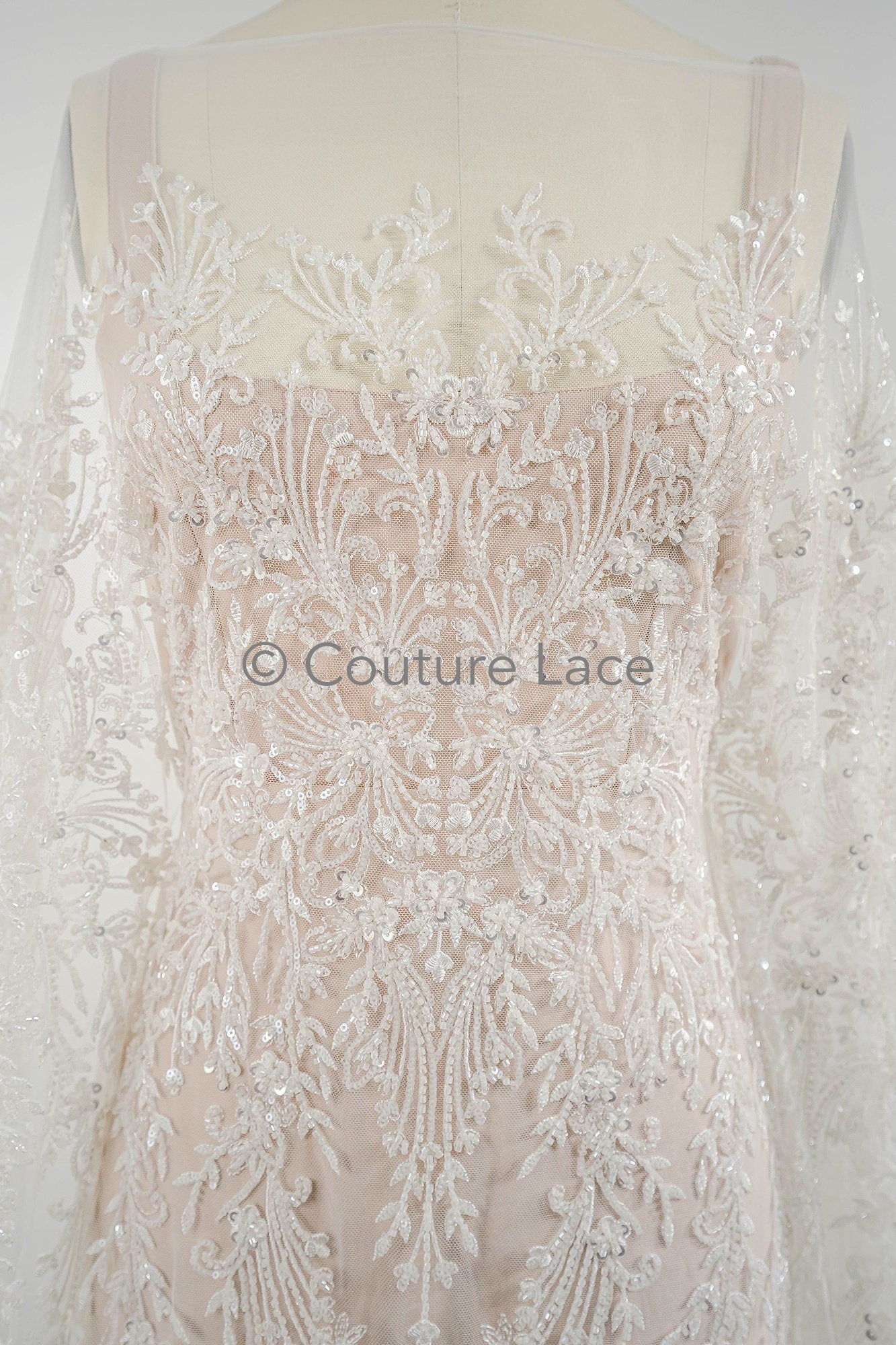 Perlen Spitzenstoff Off-White/ Couture Spitzenstoff/ Braut Spitzenstoff/ Perlen Spitze// L23-543