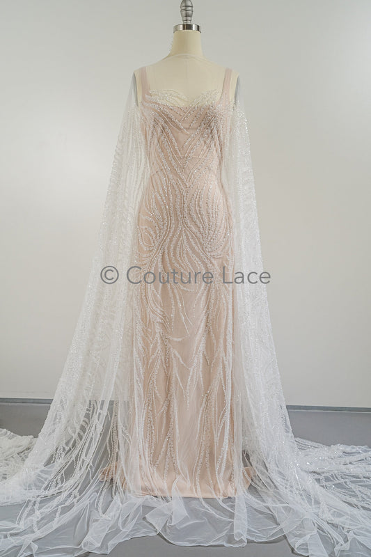 Zarte florale Spitze Off-White/ Braut Spitzenstoff/ Perlen Spitzenstoff/ Spitzenmuster mit Perlen & Pailletten// L23-550