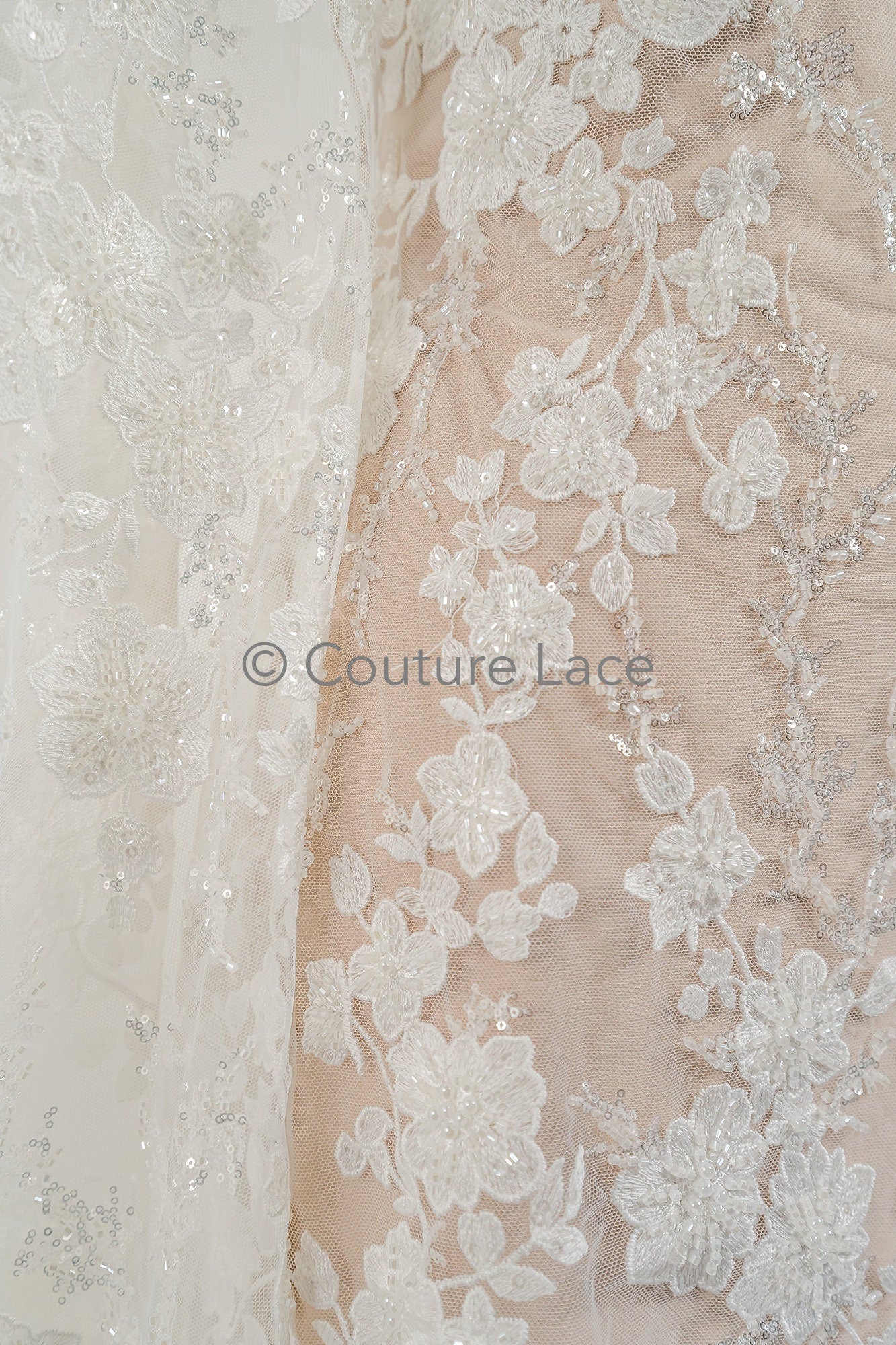 Perlen Spitzenstoff Off-White/ Couture Spitzenstoff mit Perlen/ Braut Spitzenstoff/ Perlen Spitze// L23-559