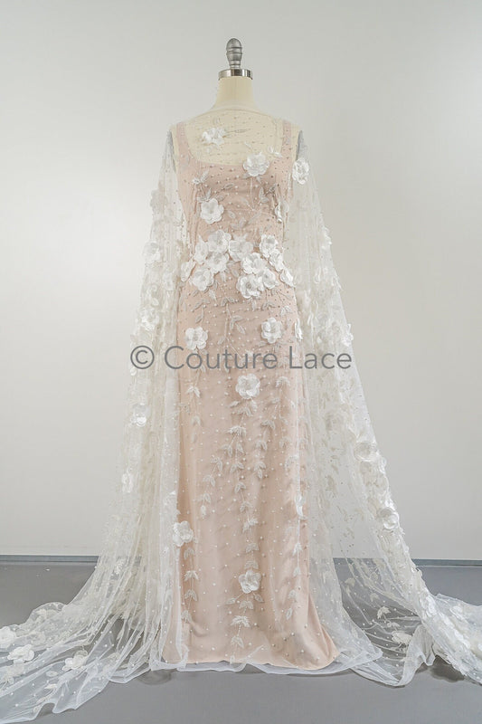 3D Blumen Spitzenstoff Off-White/ Braut Spitzenstoff mit Perlen/ romantischer Spitzenstoff mit 3D Blumen/ Hochzeit Spitzenstoff// L23-562