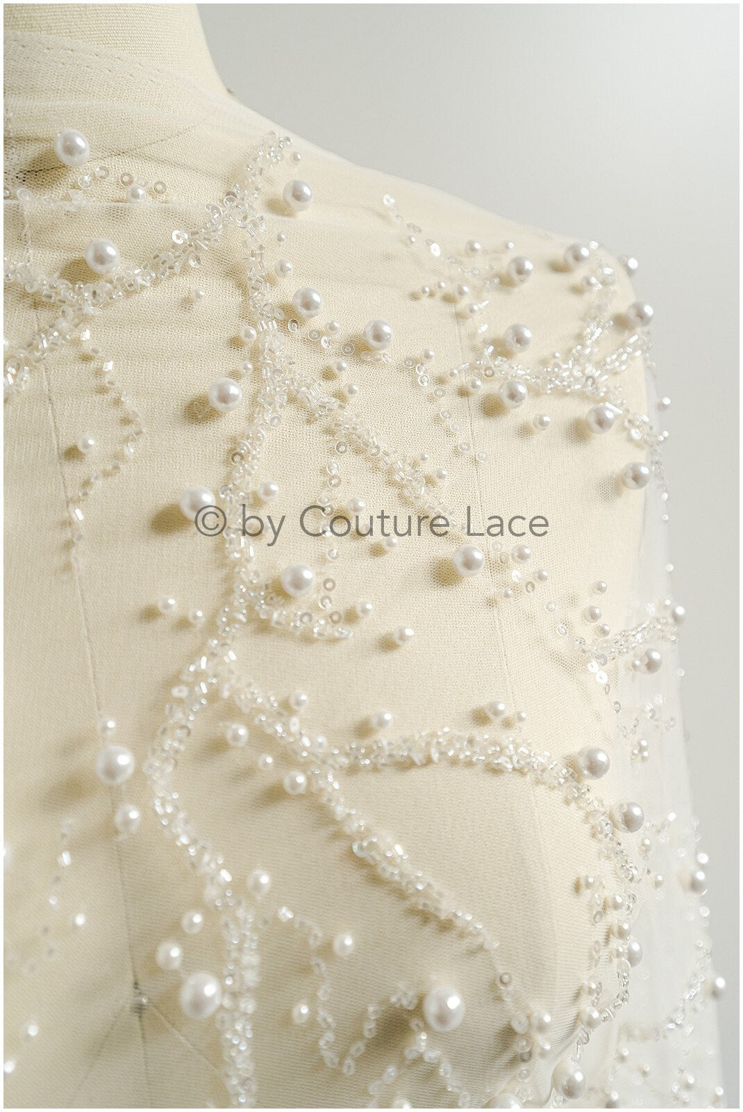 1.2yds Beaded bridal lace fabric off-white/ Pallas lace fabric/ heavy beaded bridal dress lace/ handmade couture lace// L23-565