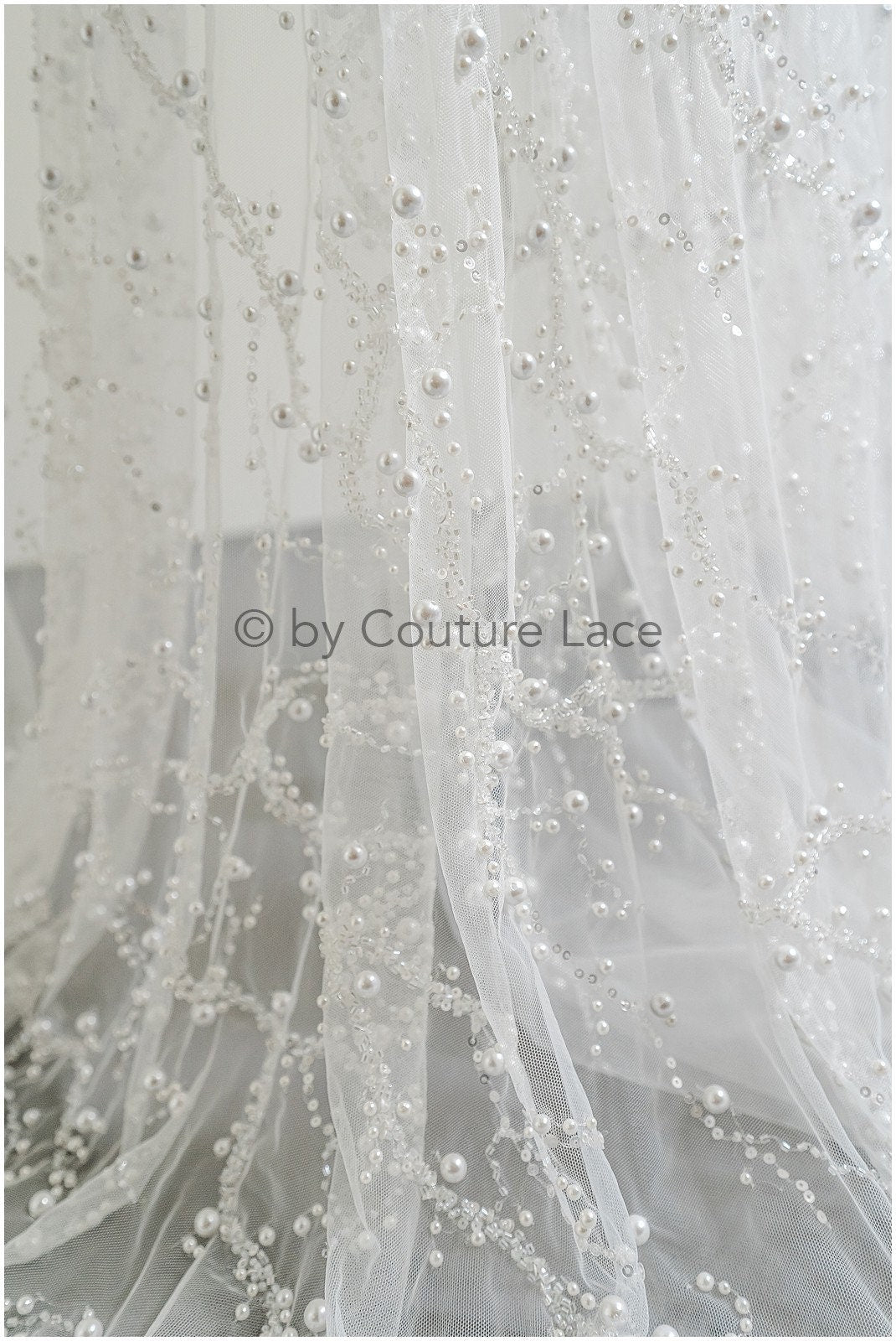 1.2yds Beaded bridal lace fabric off-white/ Pallas lace fabric/ heavy beaded bridal dress lace/ handmade couture lace// L23-565