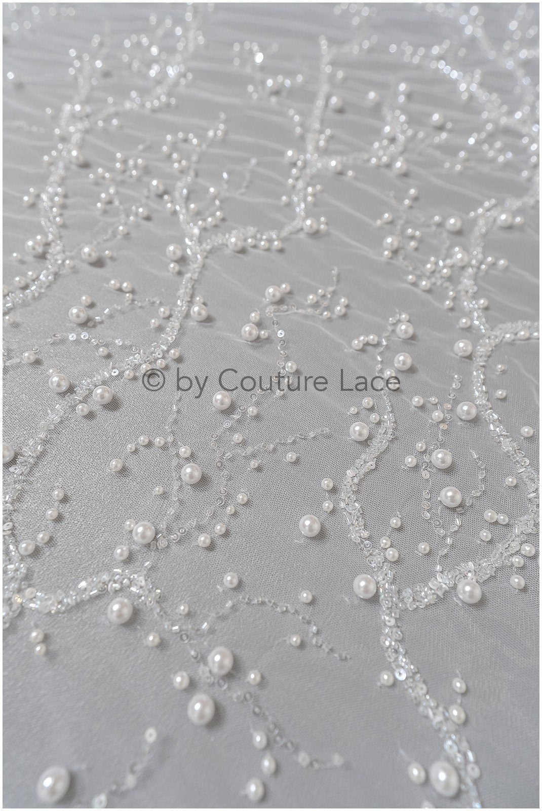 1.2yds Beaded bridal lace fabric off-white/ Pallas lace fabric/ heavy beaded bridal dress lace/ handmade couture lace// L23-565