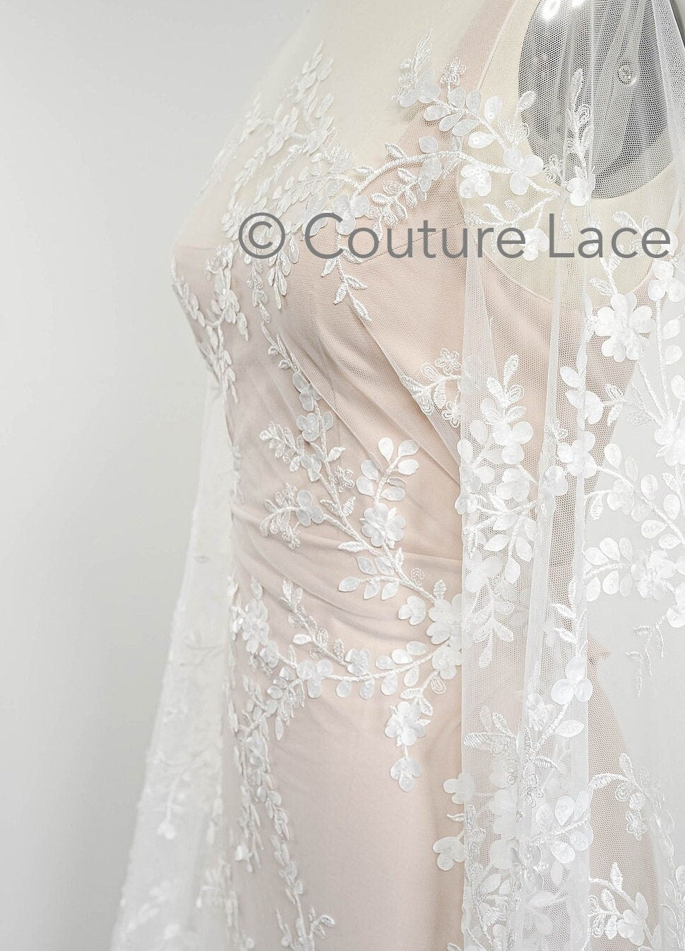 3D Blumen Spitzenstoff/ Braut Spitzenstoff Off-White/ romantischer Blumen Spitzenstoff mit Perlen/ Hochzeit Spitzenstoff// L23-573