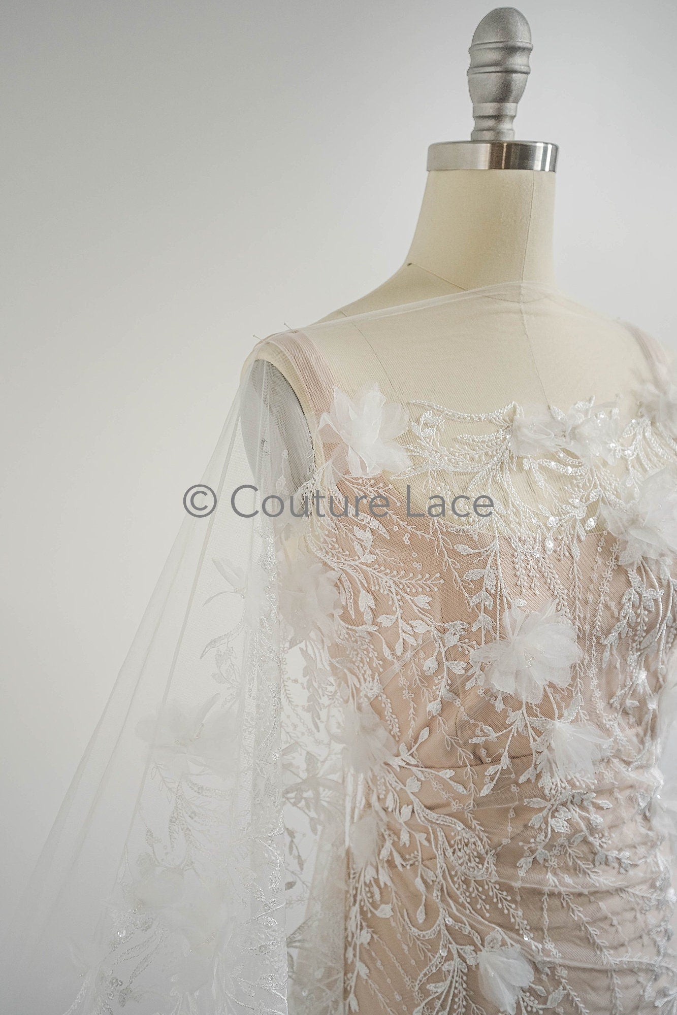 3D Blumen Spitzenstoff / Braut Spitzenstoff / Blumen Spitzenstoff mit 3D Blumen / Hochzeit Spitzenstoff / Hochzeitskleid Spitze / L23-584