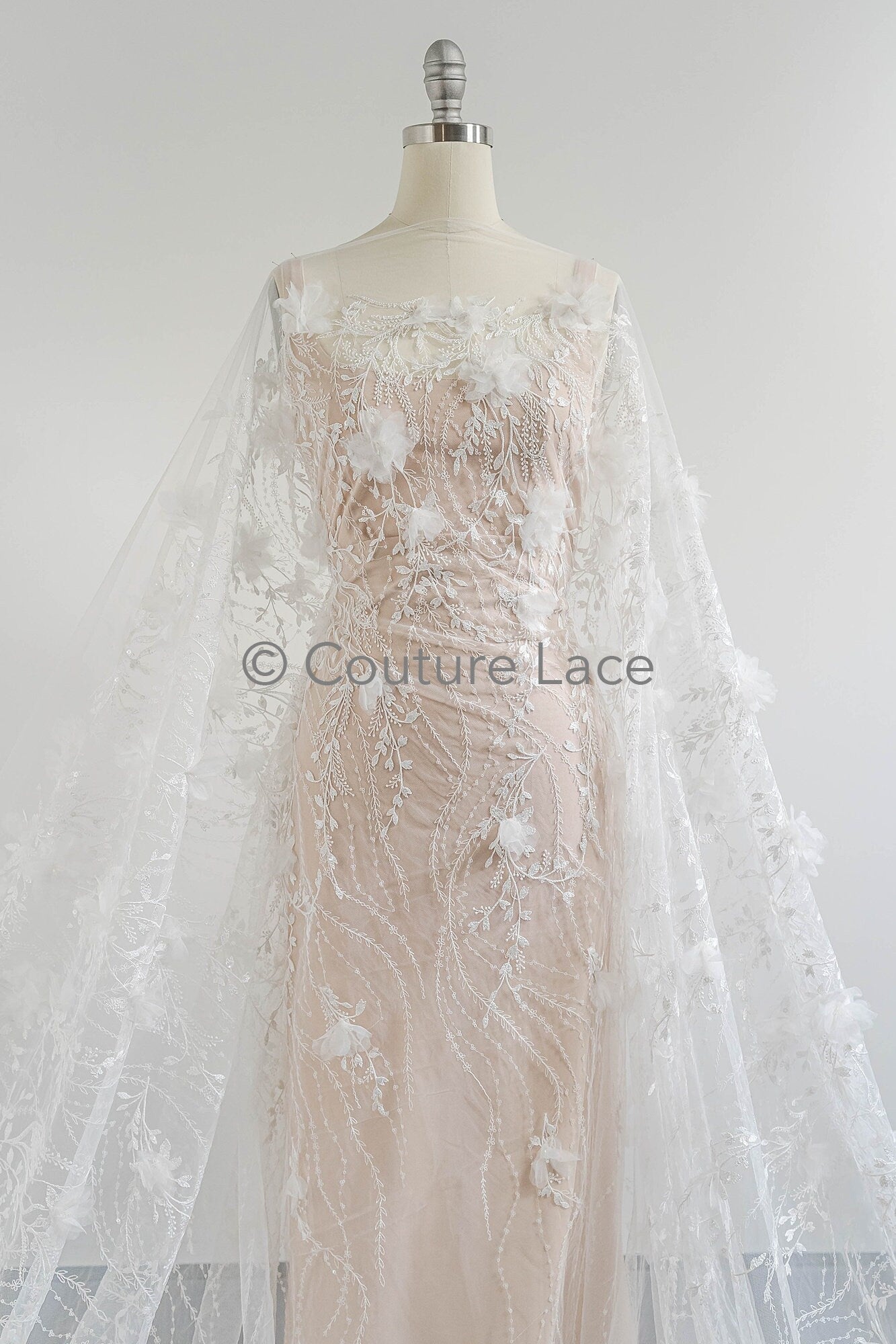 3D Blumen Spitzenstoff / Braut Spitzenstoff / Blumen Spitzenstoff mit 3D Blumen / Hochzeit Spitzenstoff / Hochzeitskleid Spitze / L23-584