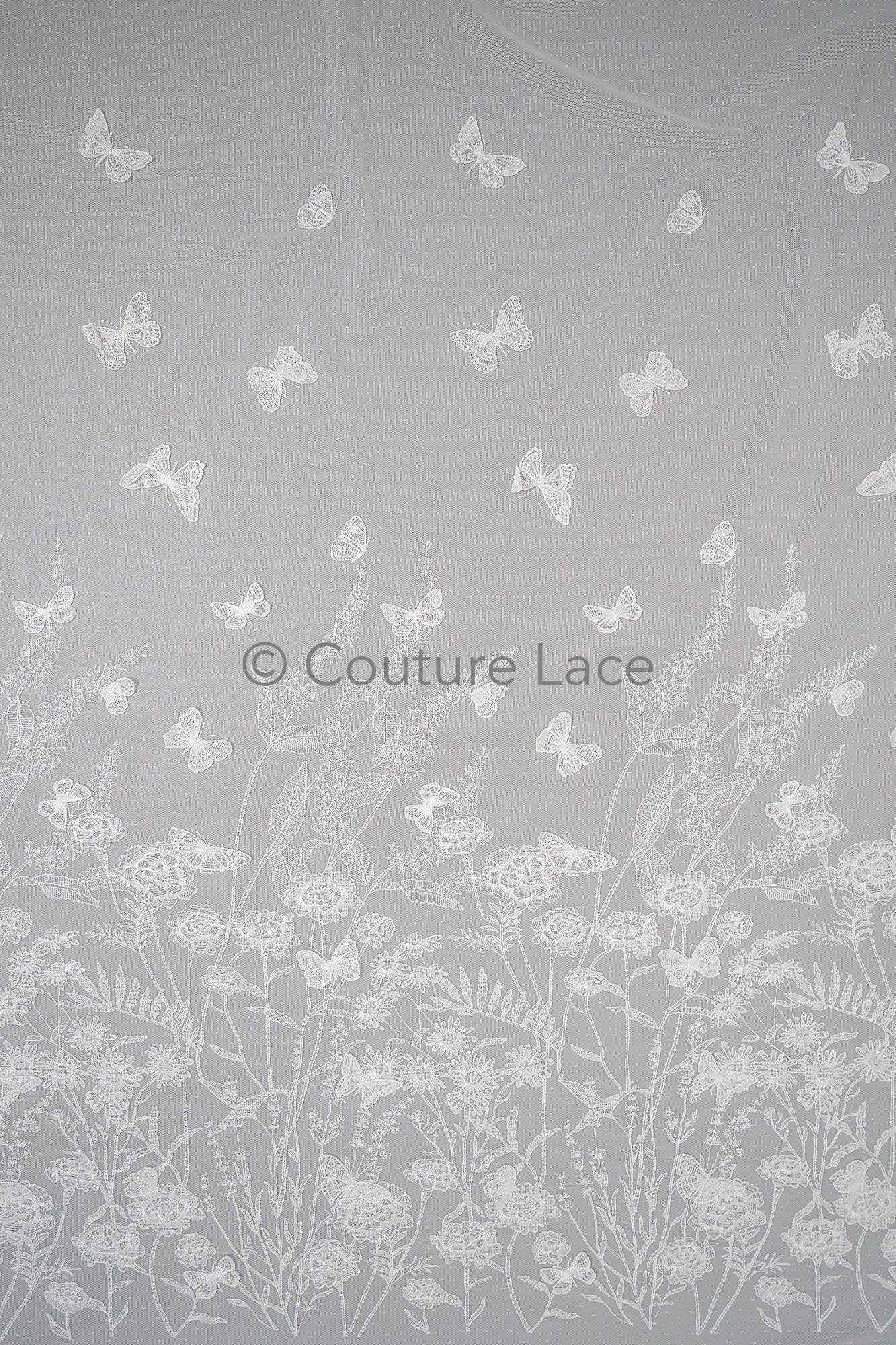 3D butterfly bridal lace off-white/ beautiful embroidered floral lace fabric/ wildflower lace fabric/ bridal lace with flowers// L23-579