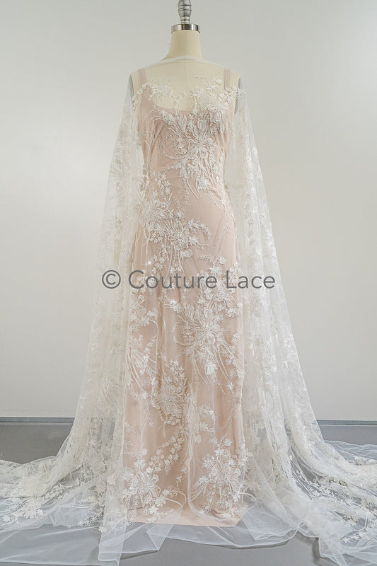 Perlen Spitzenstoff Off-White/ Couture Spitze Stoff/ Brautspitze Stoff mit Perlen/ Perlenspitze// L23-023