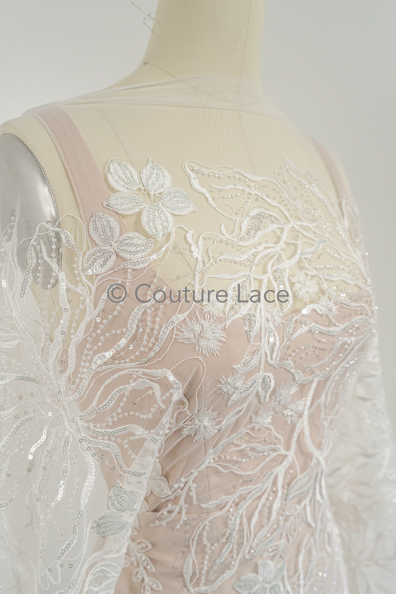 Perlen Spitzenstoff Off-White/ Couture Spitzenstoff/ Braut Spitzenstoff/ Perlen Spitze// L23-041