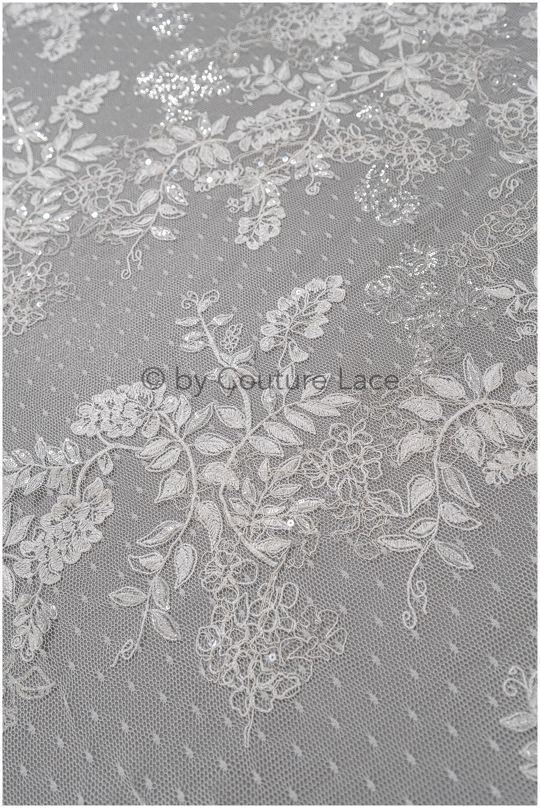 French lace fabric with floral pattern/ couture lace fabric with sequins/ delicate romantic bridal lace/ bridal lace// L23-087