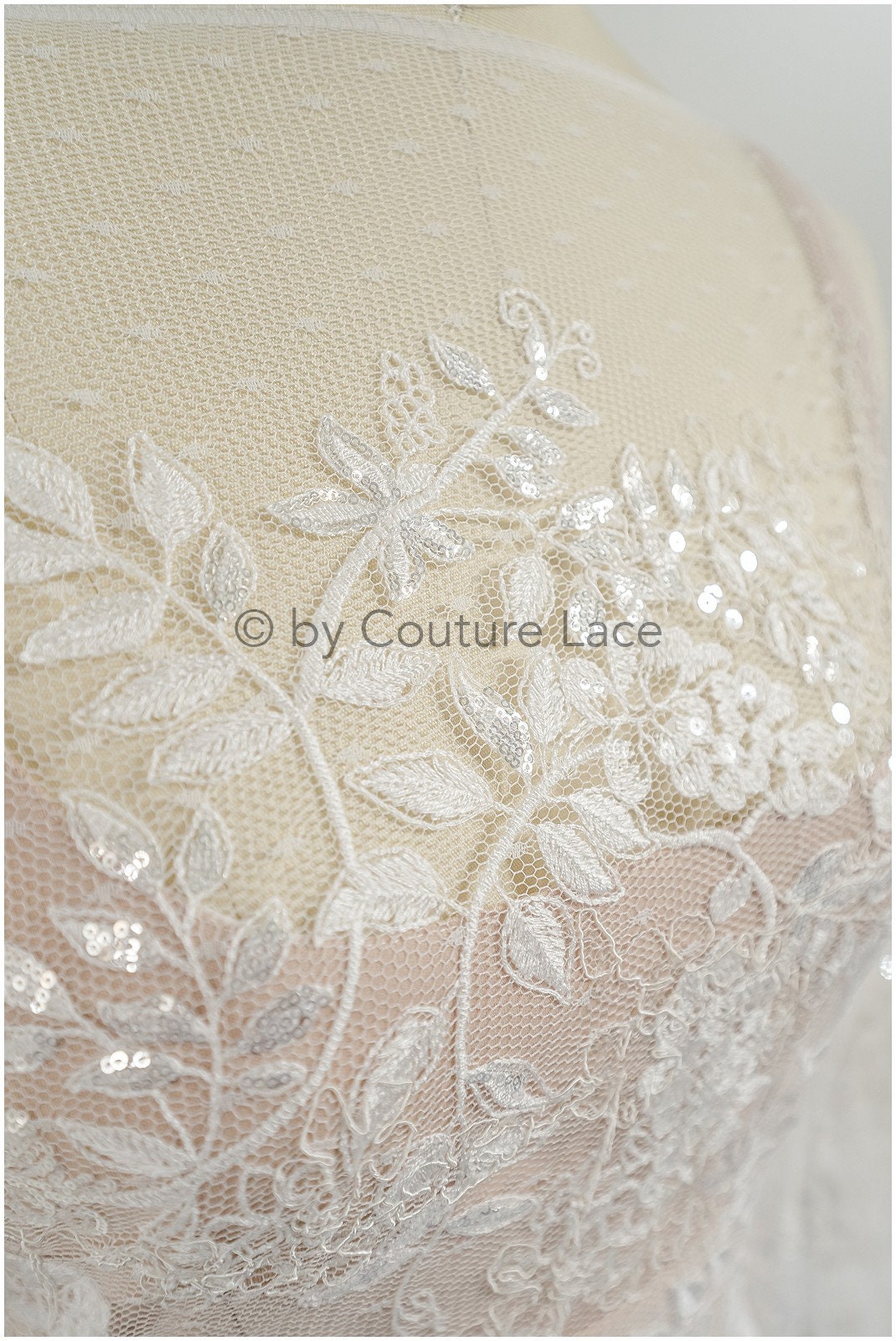 French lace fabric with floral pattern/ couture lace fabric with sequins/ delicate romantic bridal lace/ bridal lace// L23-087
