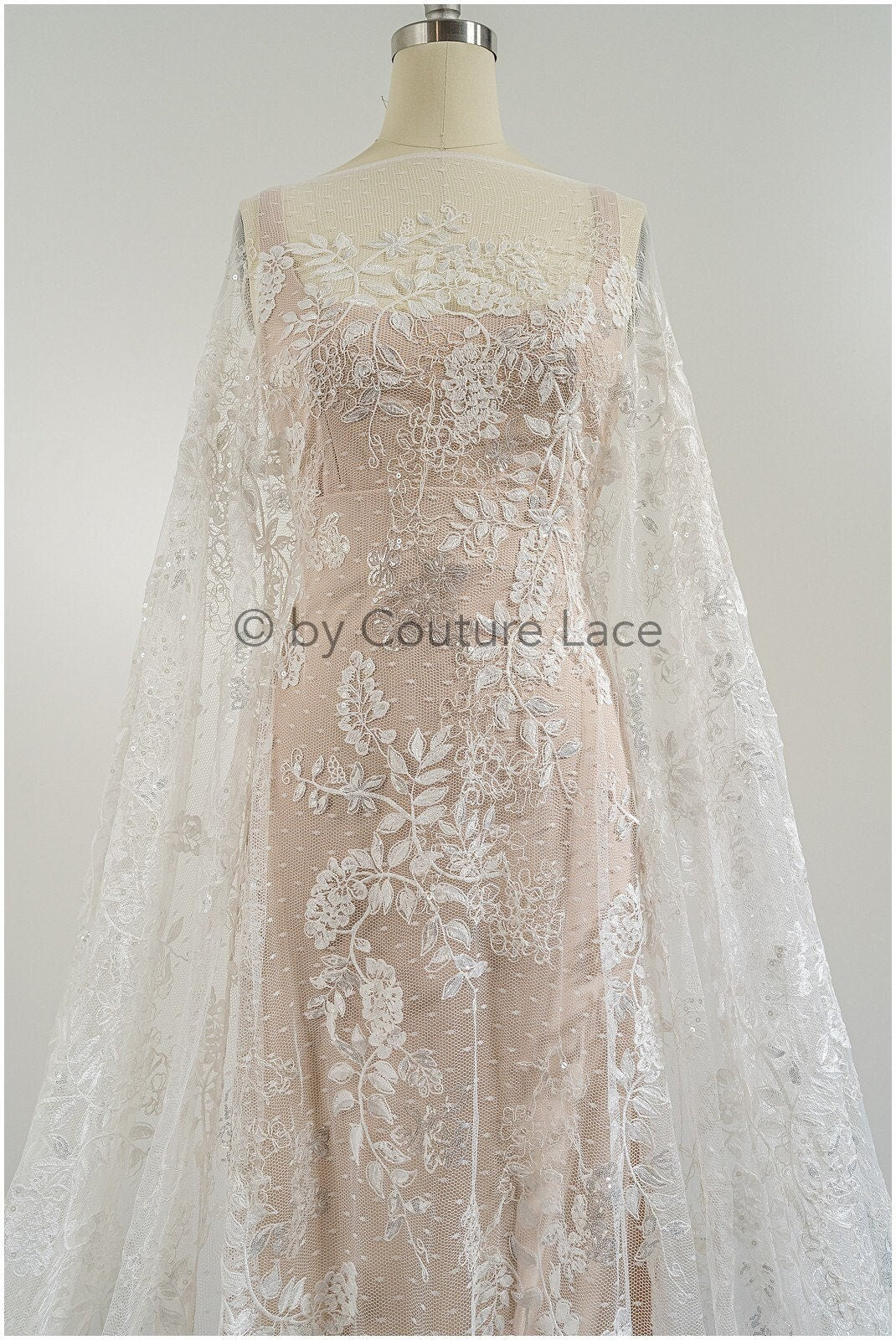 French lace fabric with floral pattern/ couture lace fabric with sequins/ delicate romantic bridal lace/ bridal lace// L23-087
