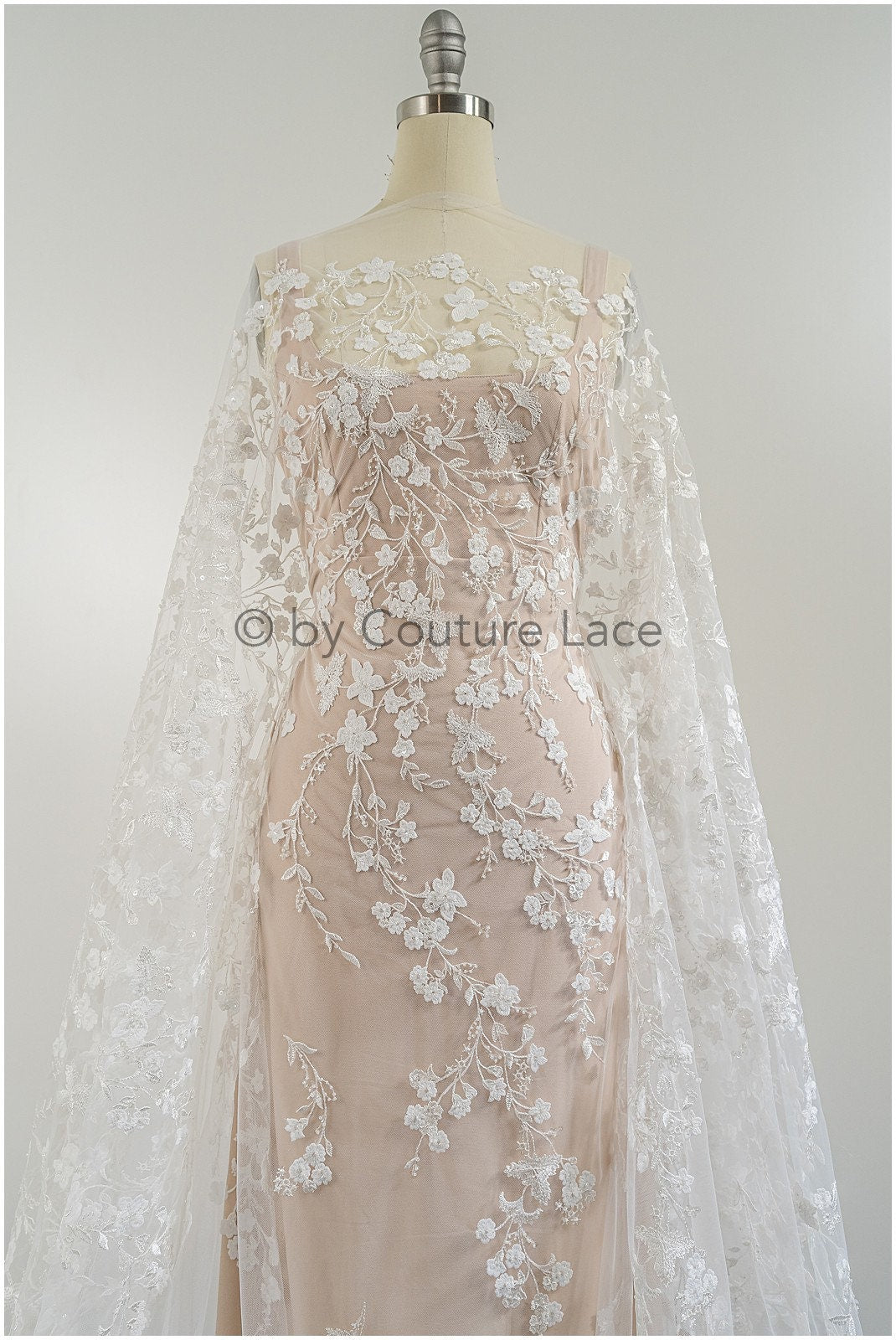 Bestickter Spitzenstoff für Hochzeiten/ Taufspitzenstoff/ Blumenmuster bestickter Spitzenstoff für Brautkleider// L23-305BE