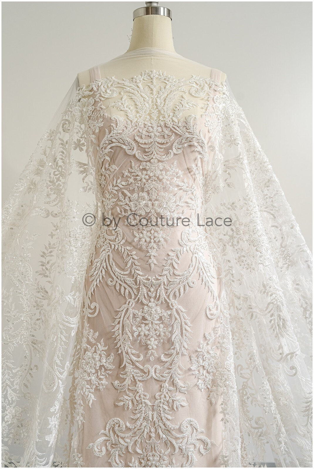Perlen Spitzenstoff Off-White/ Perlen Brautkleid Spitze mit Perlen/ Couture Spitzenstoff/ Perlen Spitze// L23-514
