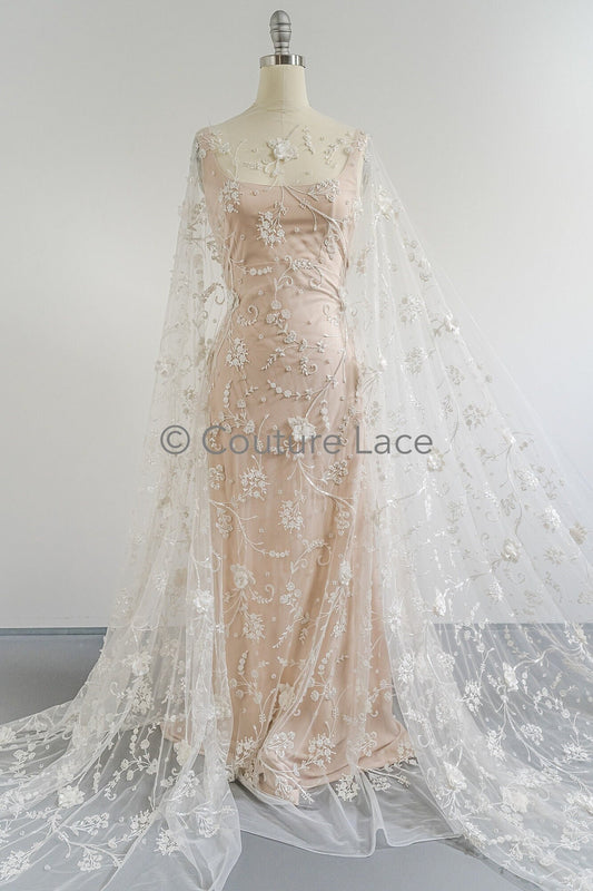 3D Blumen Spitzenstoff/ Braut Spitzenstoff Off-White/ romantischer 3D Blumen Spitzenstoff mit Perlen/ Hochzeit Spitzenstoff// L23-532