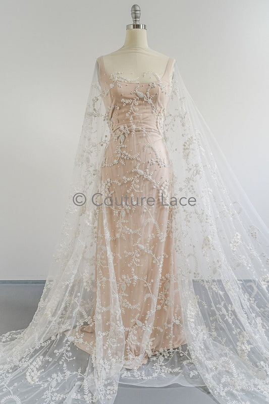 3D flower pearl lace fabric/ beautiful lace fabric with pearls / romantic pearl bridal lace // L23-533