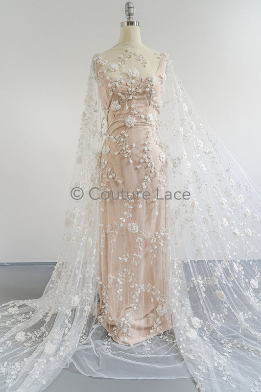 3D Blumen Spitzenstoff Off-White/ Braut Spitzenstoff mit Perlen/ romantischer Spitzenstoff mit 3D Blumen/ Hochzeit Spitzenstoff// L23-534