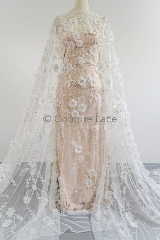 3D Blumen Spitzenstoff Off-Whikte/ Braut Spitzenstoff mit Perlen/ romantischer Spitzenstoff mit 3D Blumen/ Hochzeit Spitzenstoff// L23-537