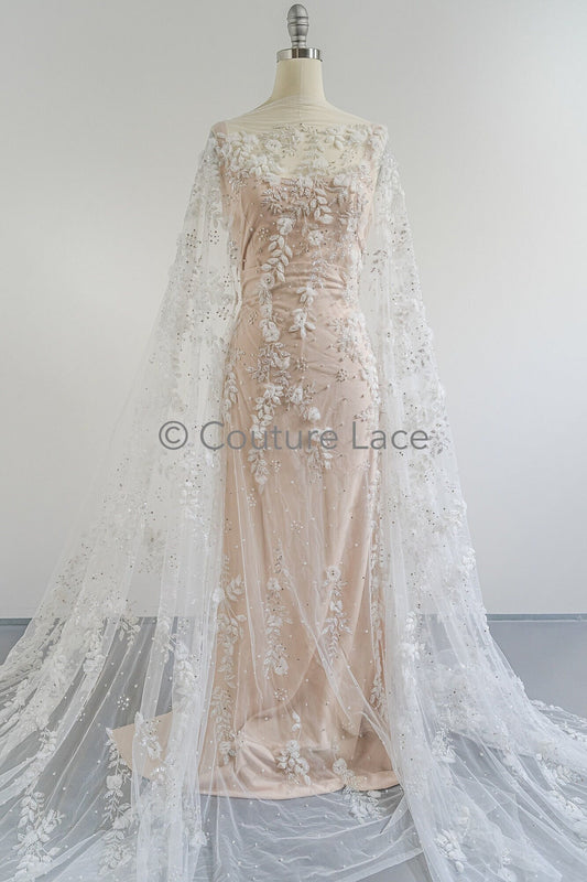 3D Blumen Spitzenstoff Off-White/ Braut Spitzenstoff/ romantischer Blumen Spitzenstoff mit Perlen/ Hochzeit Spitzenstoff// L23-538