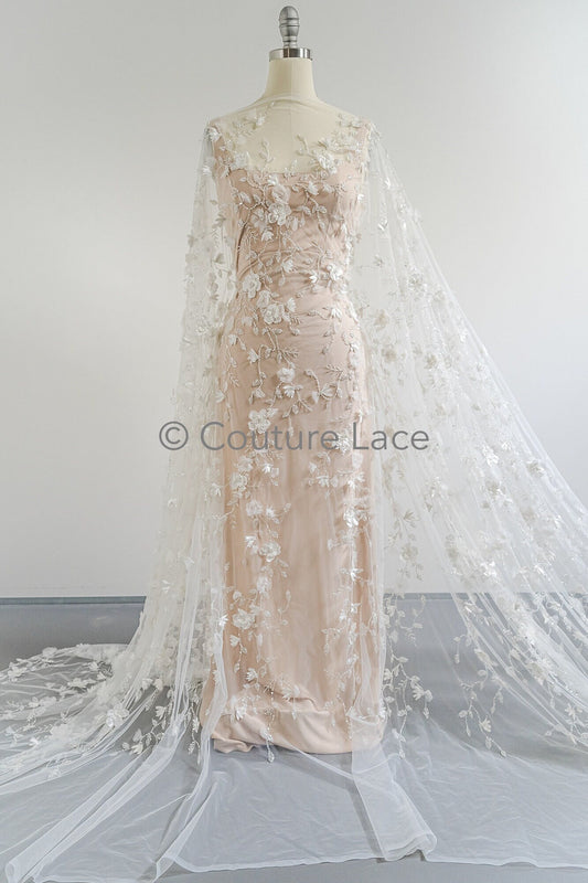 3D Blumen Spitzenstoff Off-White/ Braut Spitzenstoff/ romantischer Spitzenstoff mit 3D Blumen & Perlen/ Hochzeit Spitzenstoff// L23-540