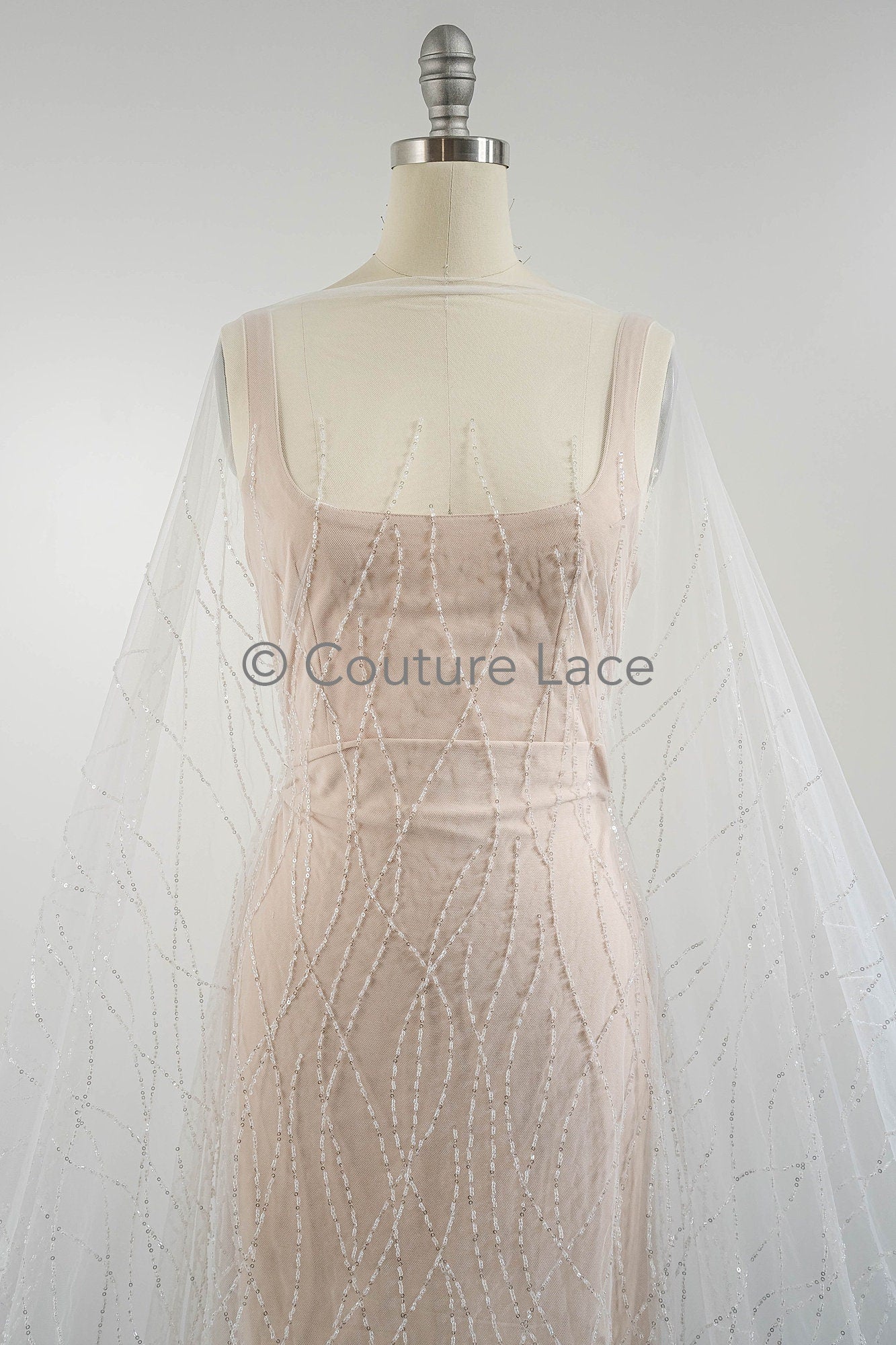 Pearl lace fabric off-white/ wavy lace fabric with pearls & sequins/ bridal lace fabric/ L23-542