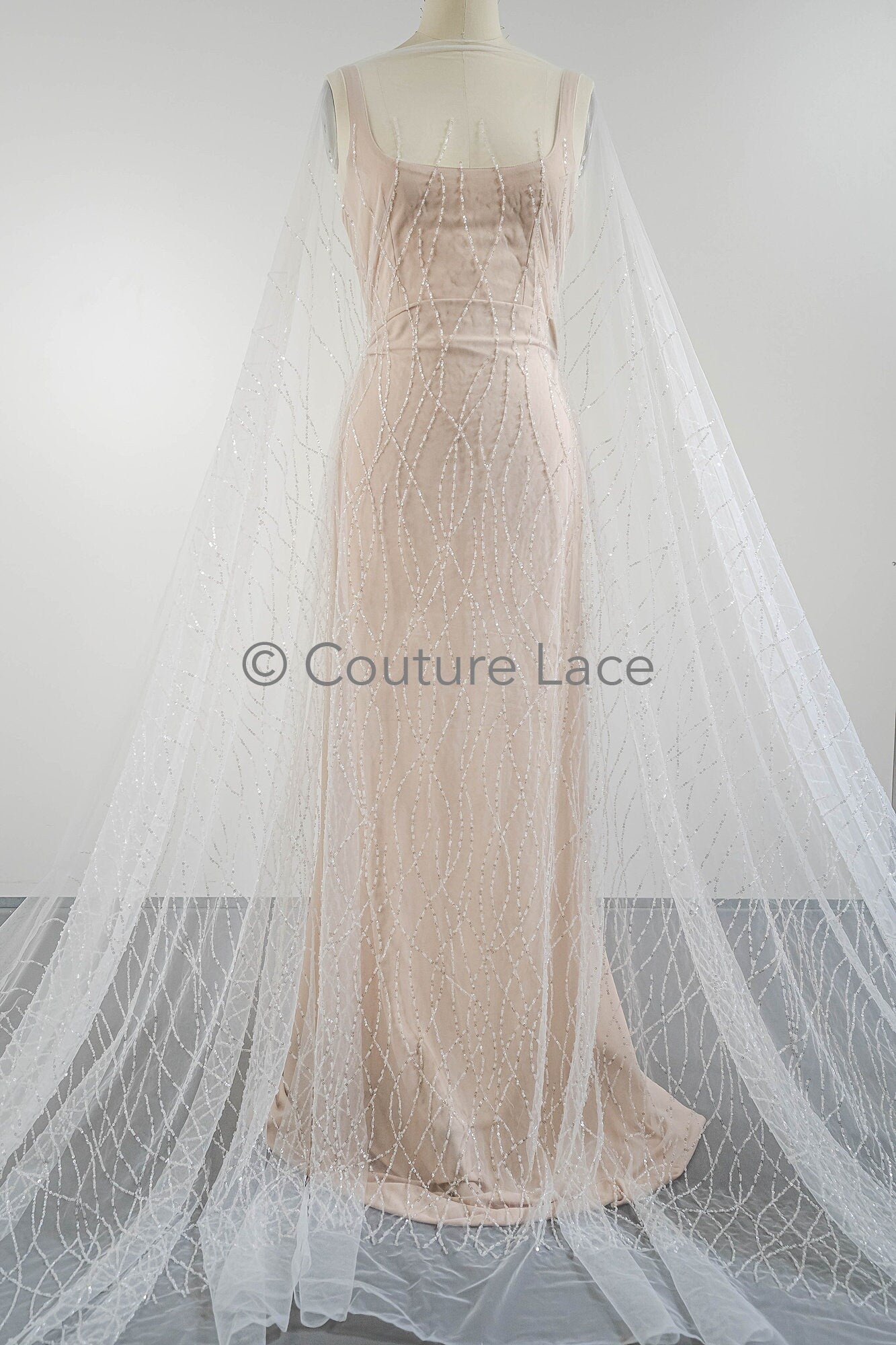 Pearl lace fabric off-white/ wavy lace fabric with pearls & sequins/ bridal lace fabric/ L23-542