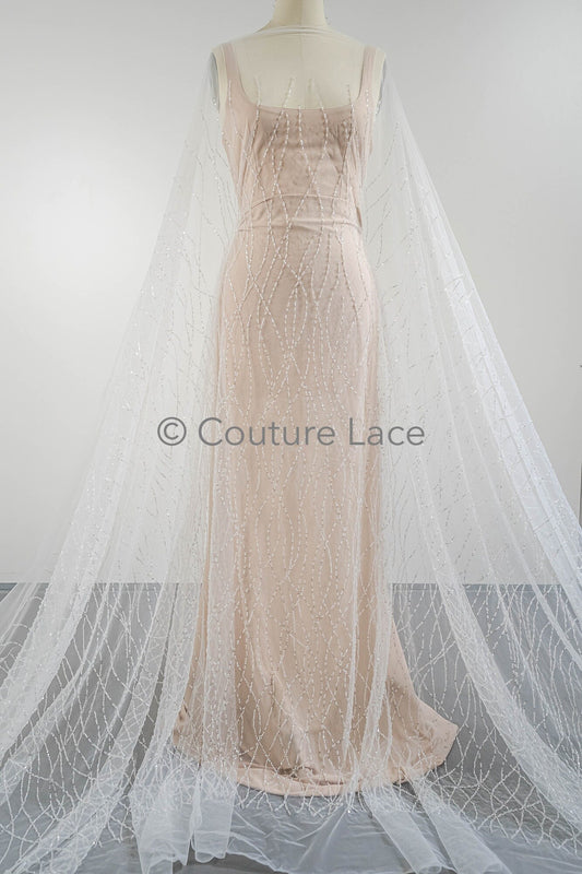 Perlen Spitzenstoff Off-White/ welliger Spitzenstoff mit Perlen & Pailletten/ Braut Spitzenttoff/ L23-542