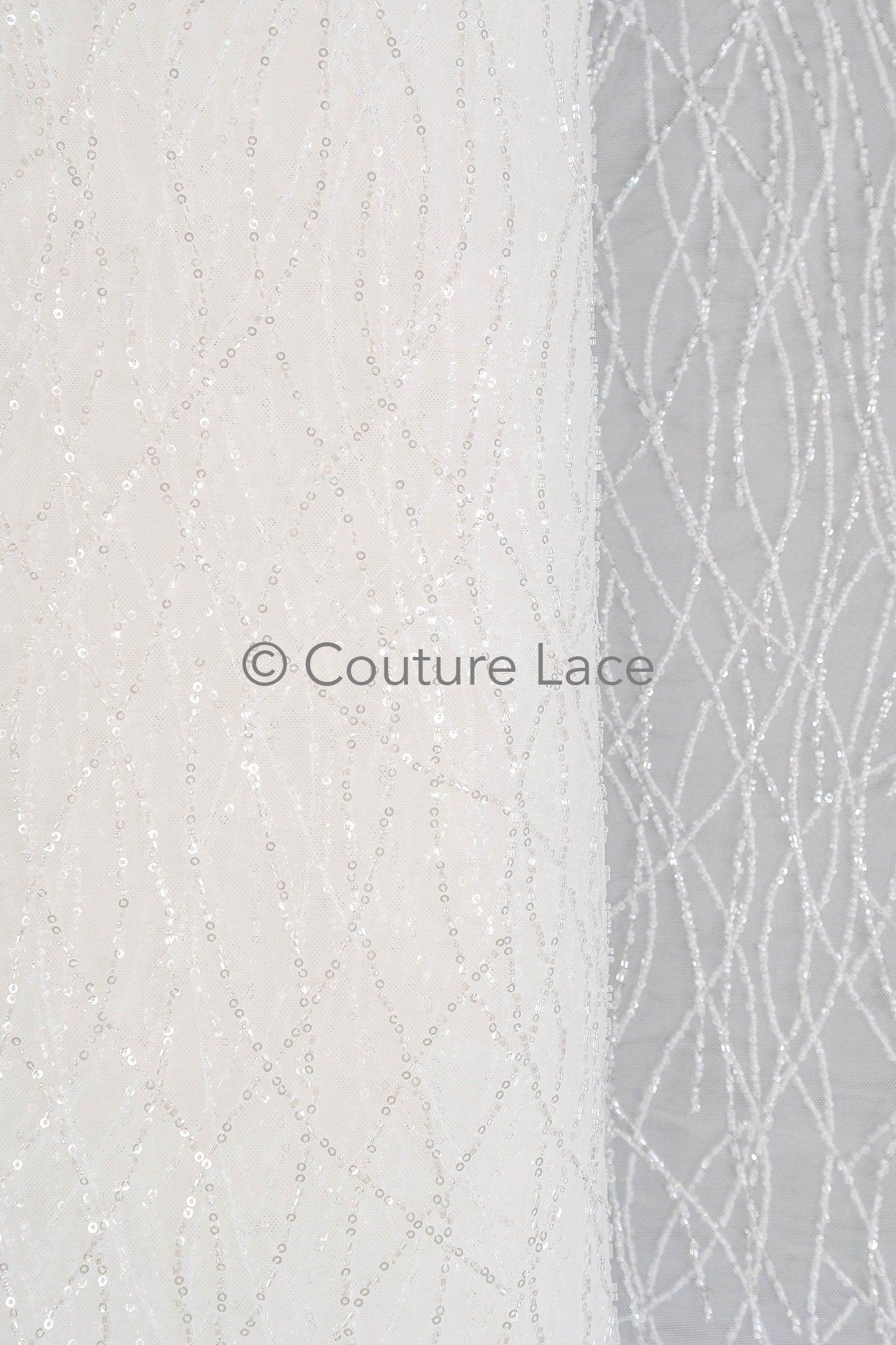 Pearl lace fabric off-white/ wavy lace fabric with pearls & sequins/ bridal lace fabric/ L23-542