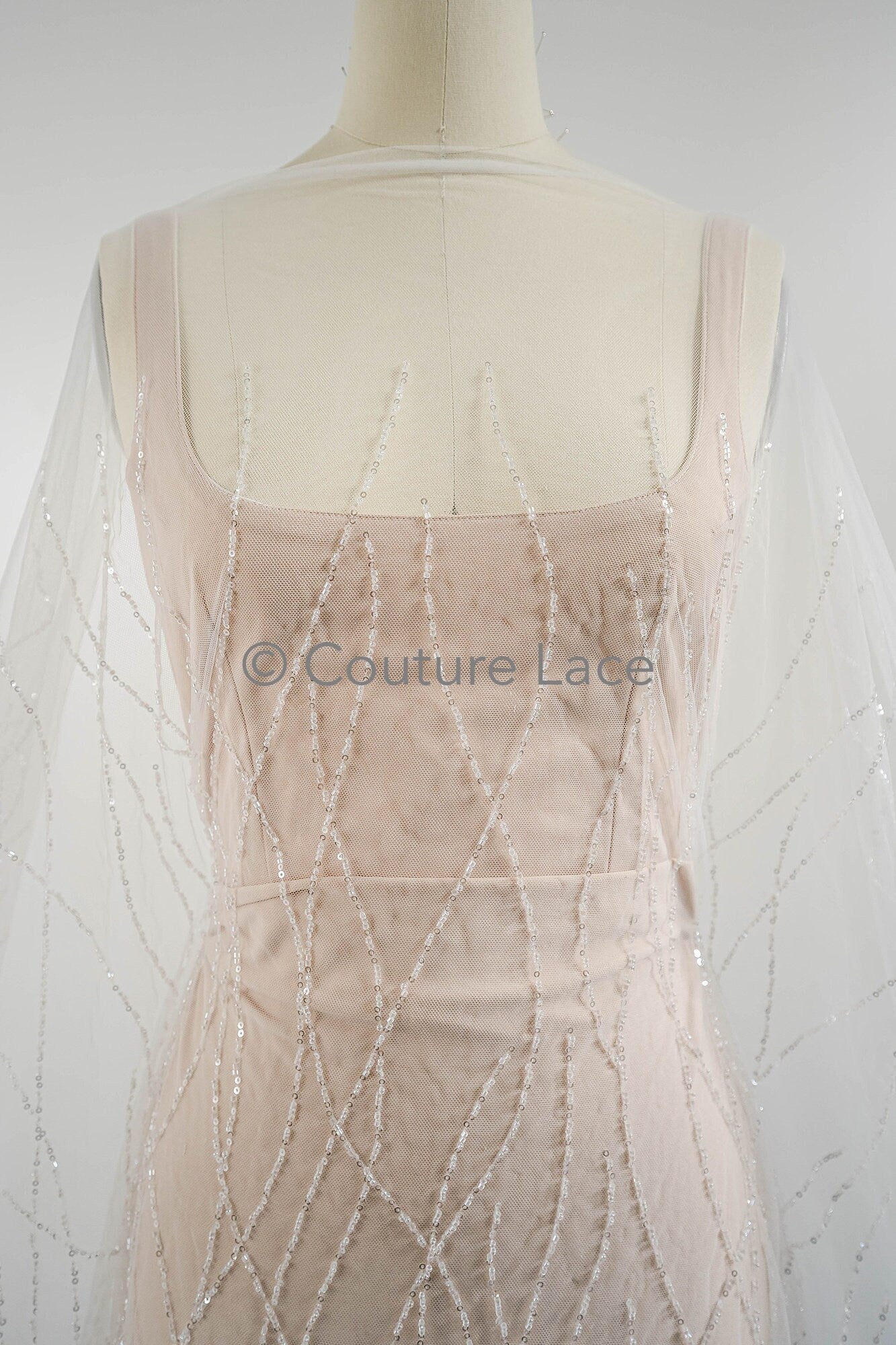 Pearl lace fabric off-white/ wavy lace fabric with pearls & sequins/ bridal lace fabric/ L23-542