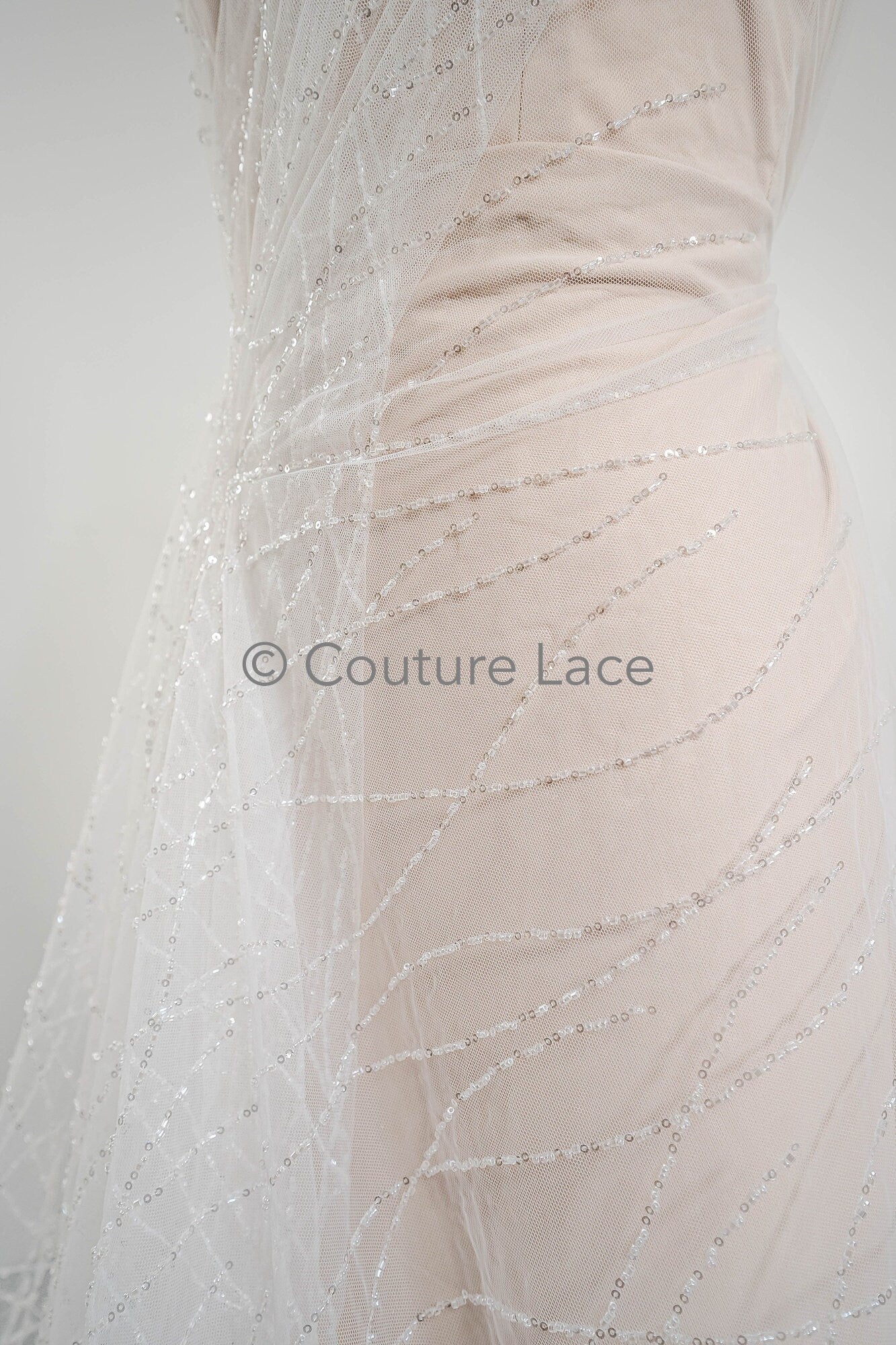 Pearl lace fabric off-white/ wavy lace fabric with pearls & sequins/ bridal lace fabric/ L23-542