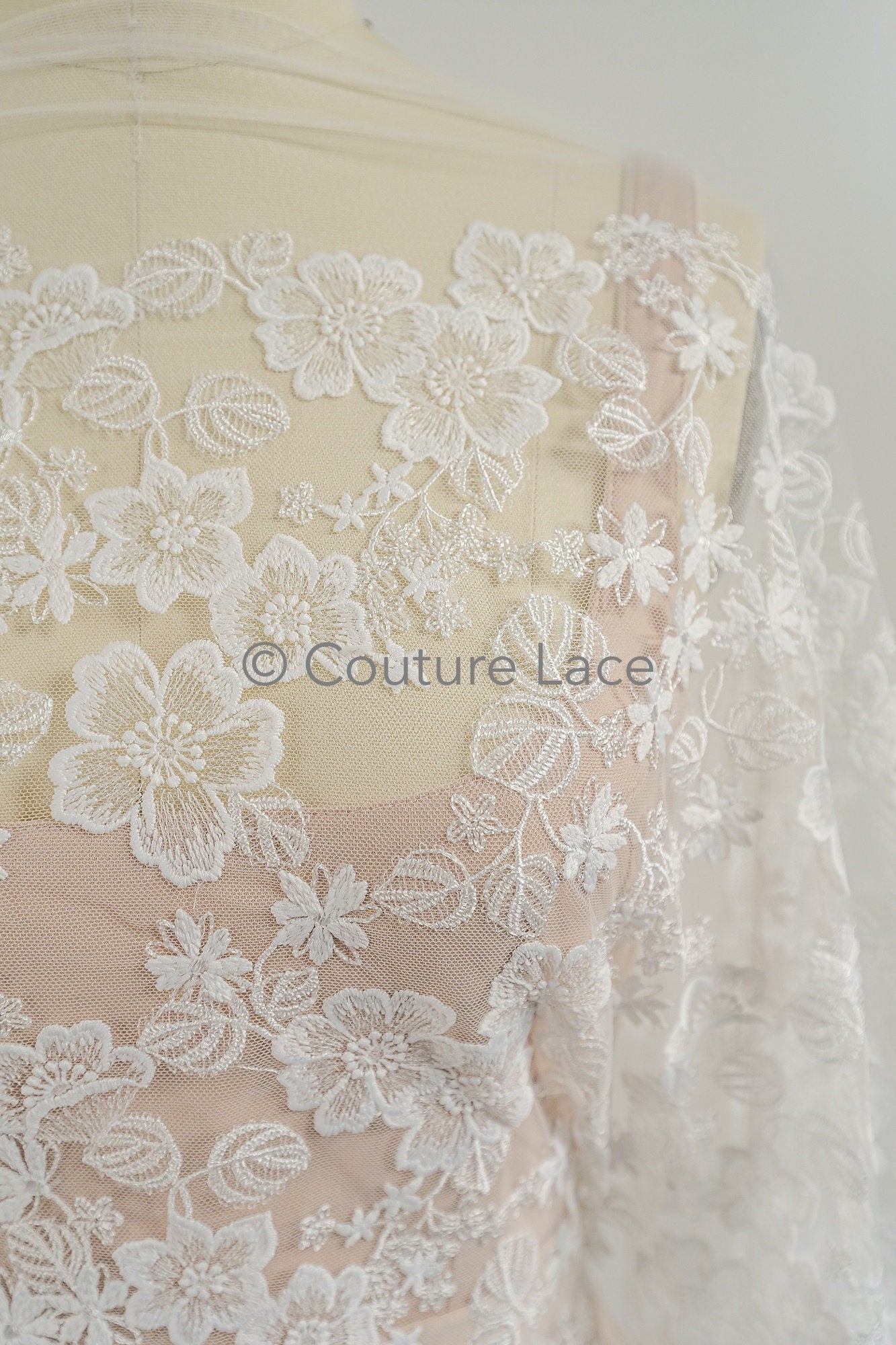 Floral Bridal Lace Off-White/ Bridal Lace with Flowers/ Floral Wedding Lace/ Couture Lace// L23-545